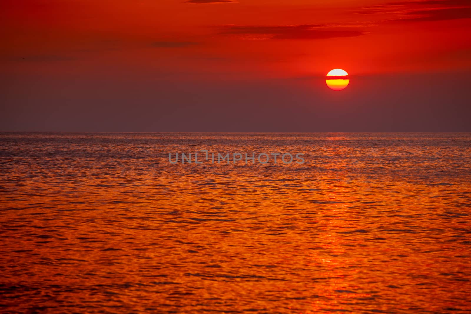 red sunset over the water. the rays of the setting sun reflected on the water surface