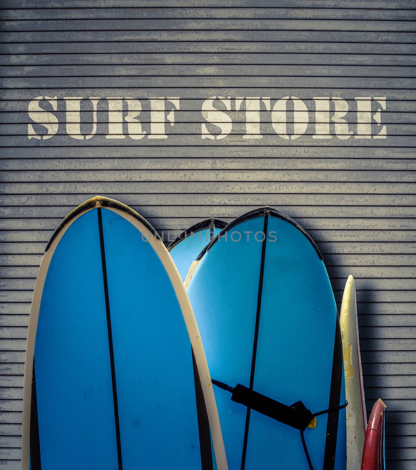 Retro Filtered Surf Store Sign With Blue Surfboards