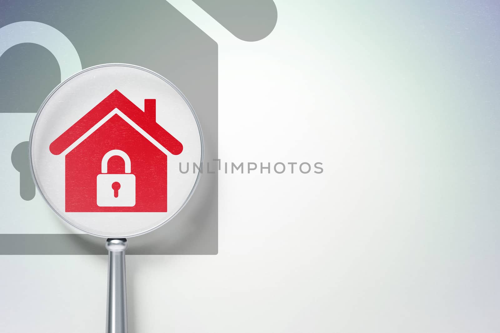 Business concept: magnifying optical glass with Home icon on digital background, empty copyspace for card, text, advertising, 3D rendering