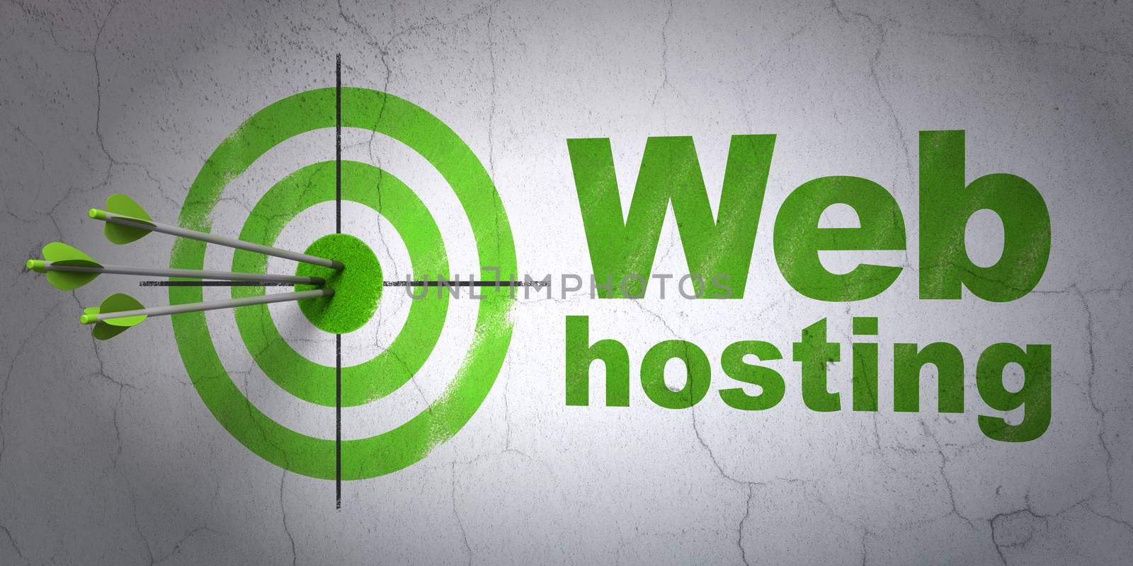 Success web development concept: arrows hitting the center of target, Green Web Hosting on wall background, 3D rendering