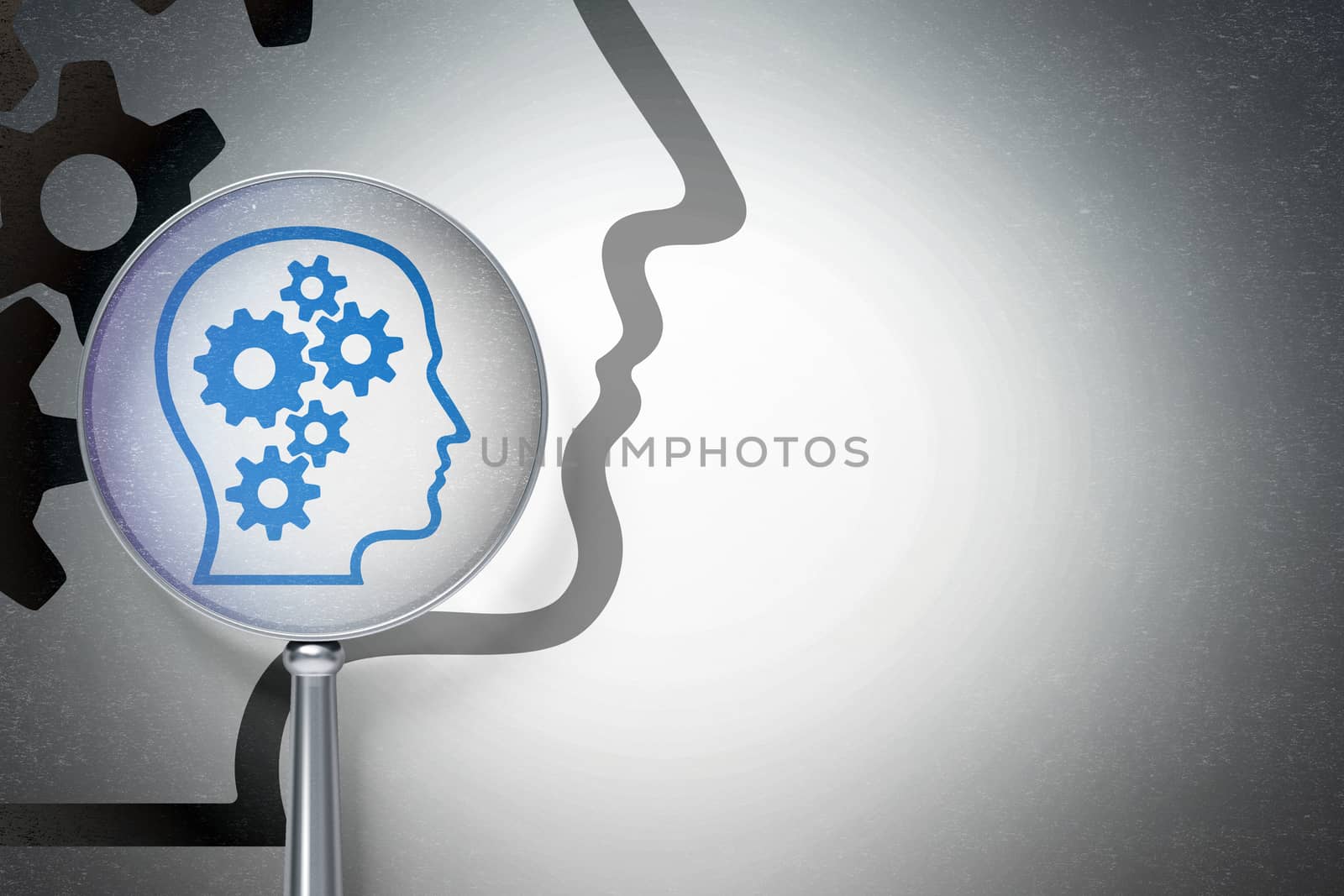 Advertising concept:  Head With Gears with optical glass on digital background by maxkabakov