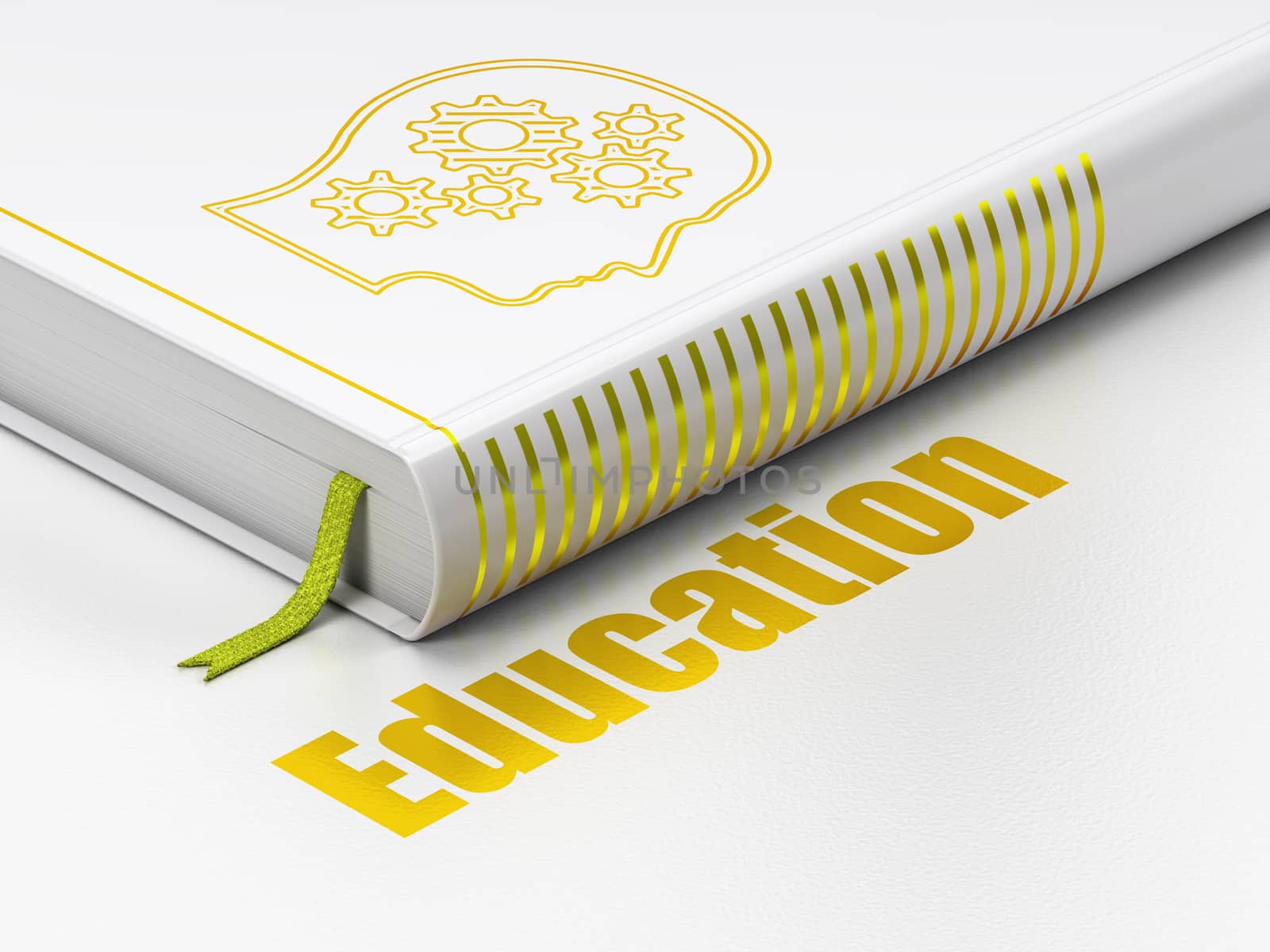 Education concept: closed book with Gold Head With Gears icon and text Education on floor, white background, 3D rendering