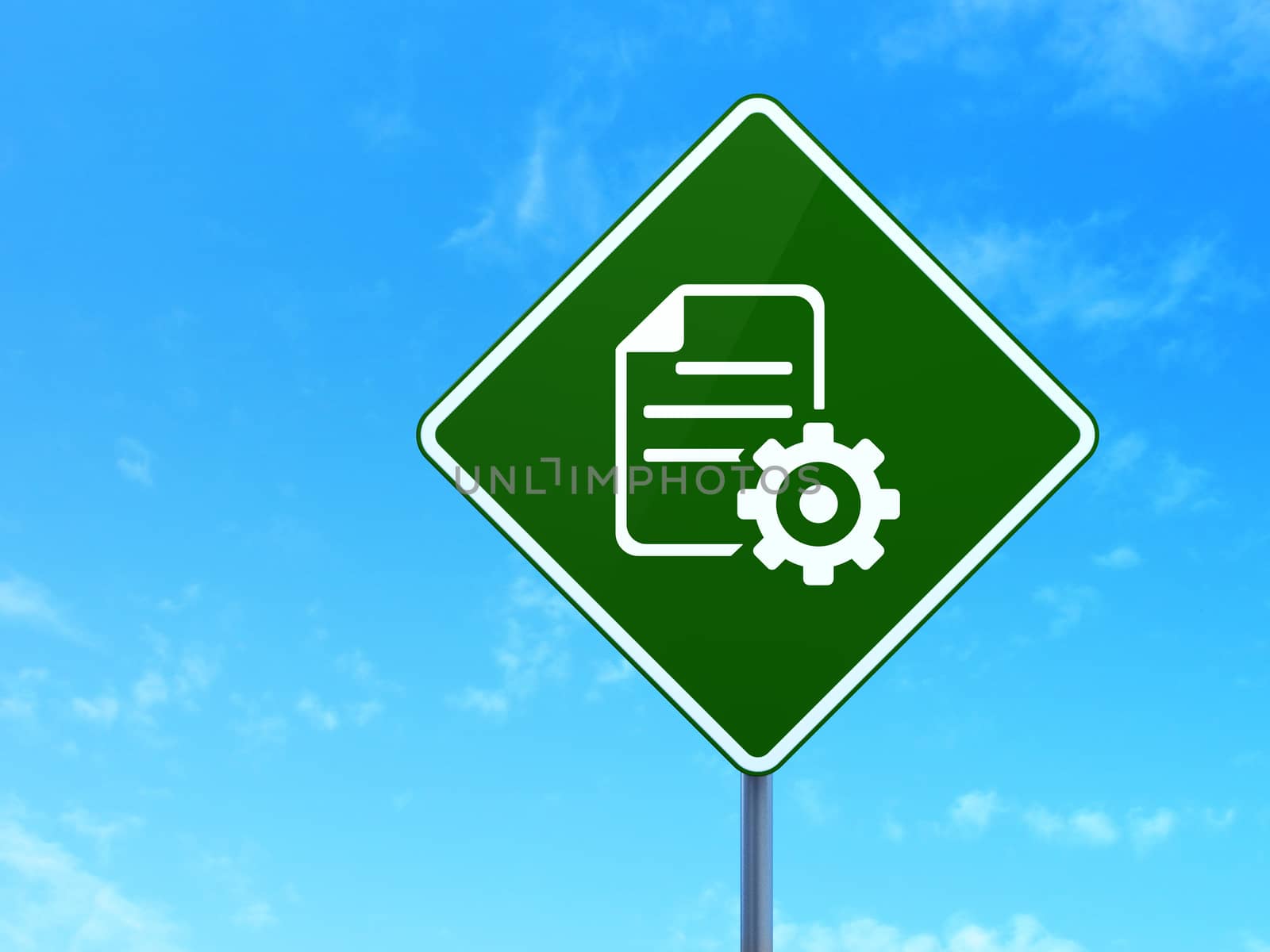 Programming concept: Gear on green road highway sign, clear blue sky background, 3D rendering