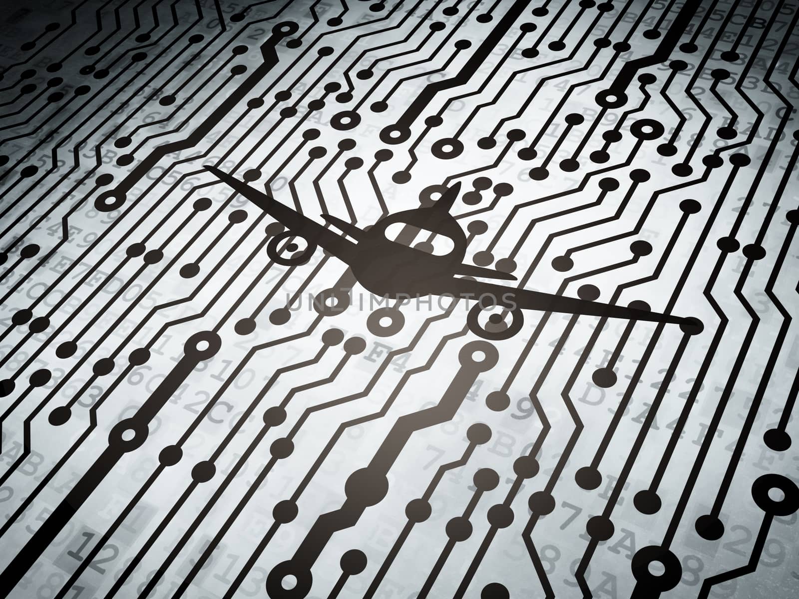 Vacation concept: circuit board with  Aircraft icon, 3D rendering