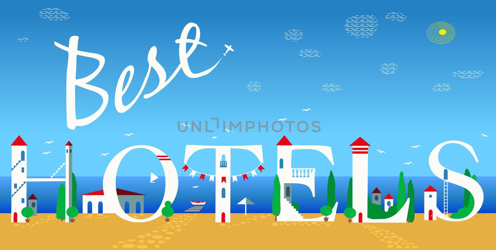 Inscription Best hotels. Cute white houses on the coast