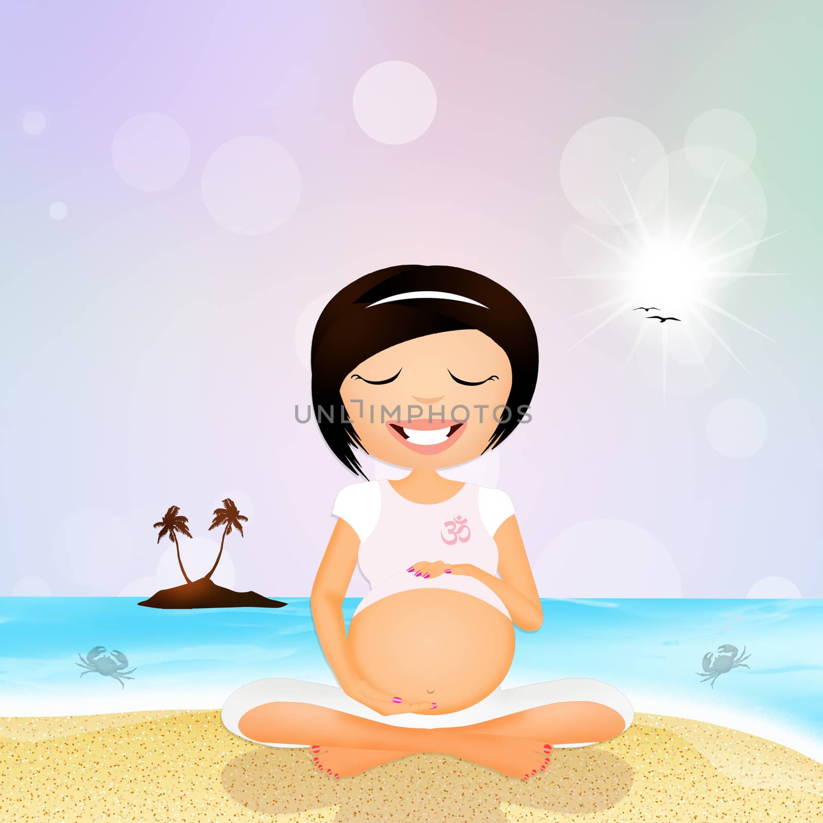 illustration of a pregnant woman doing yoga on the beach