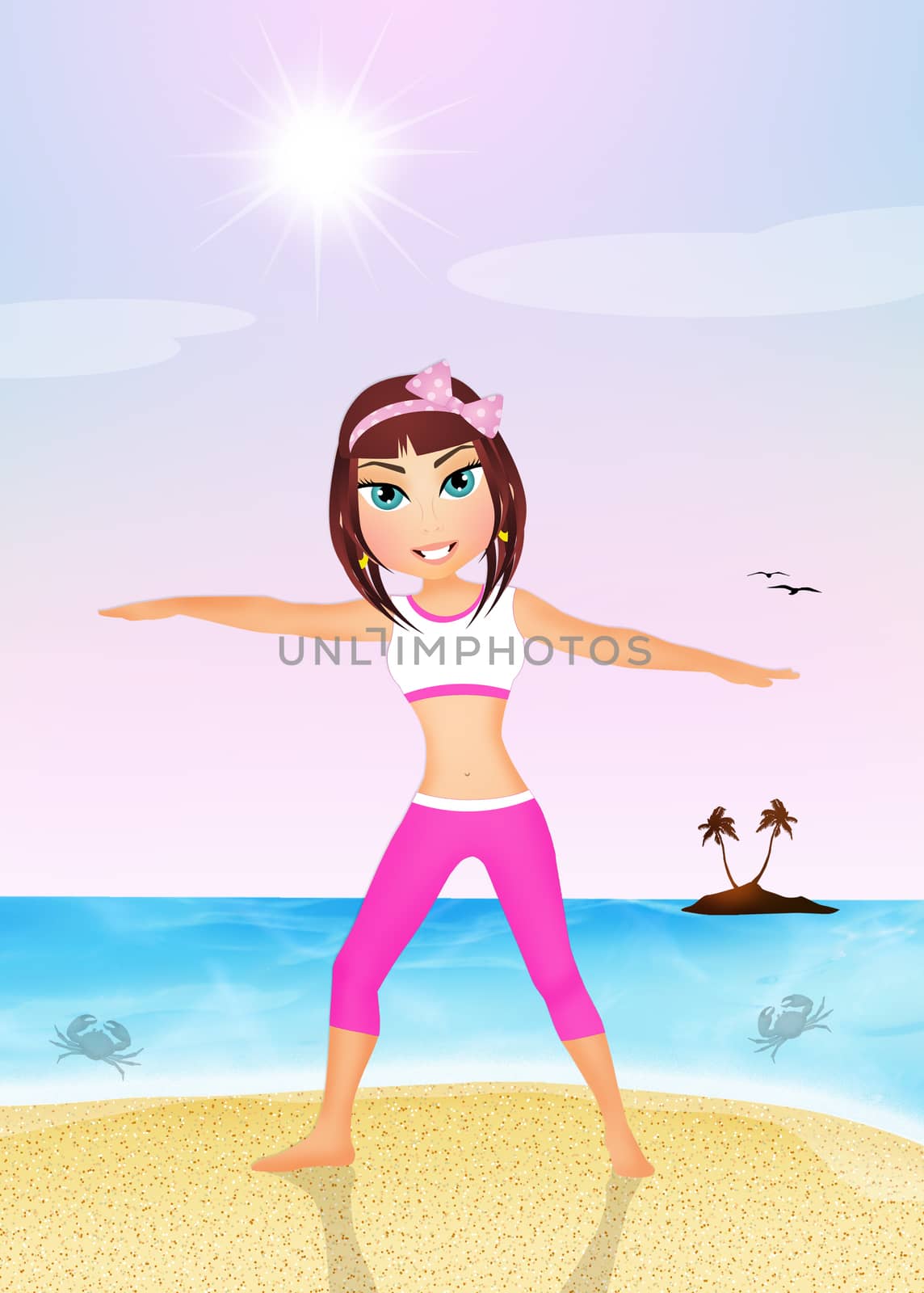 illustration of girl does exercises on the beach
