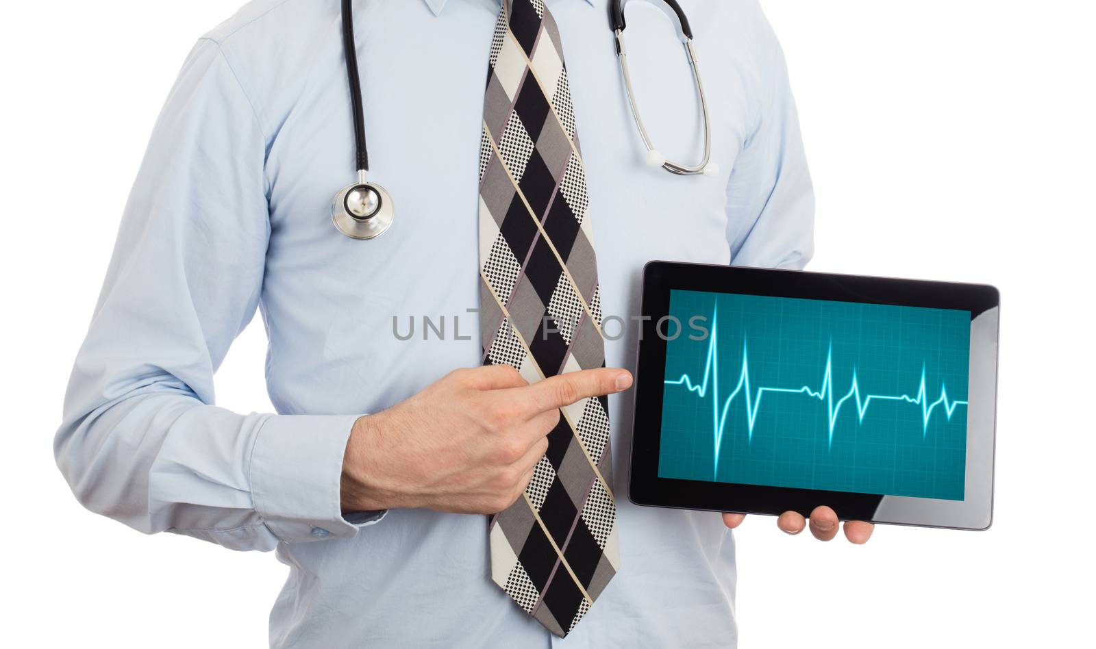 Doctor, isolated on white backgroun,  holding digital tablet - Heartbeat graph