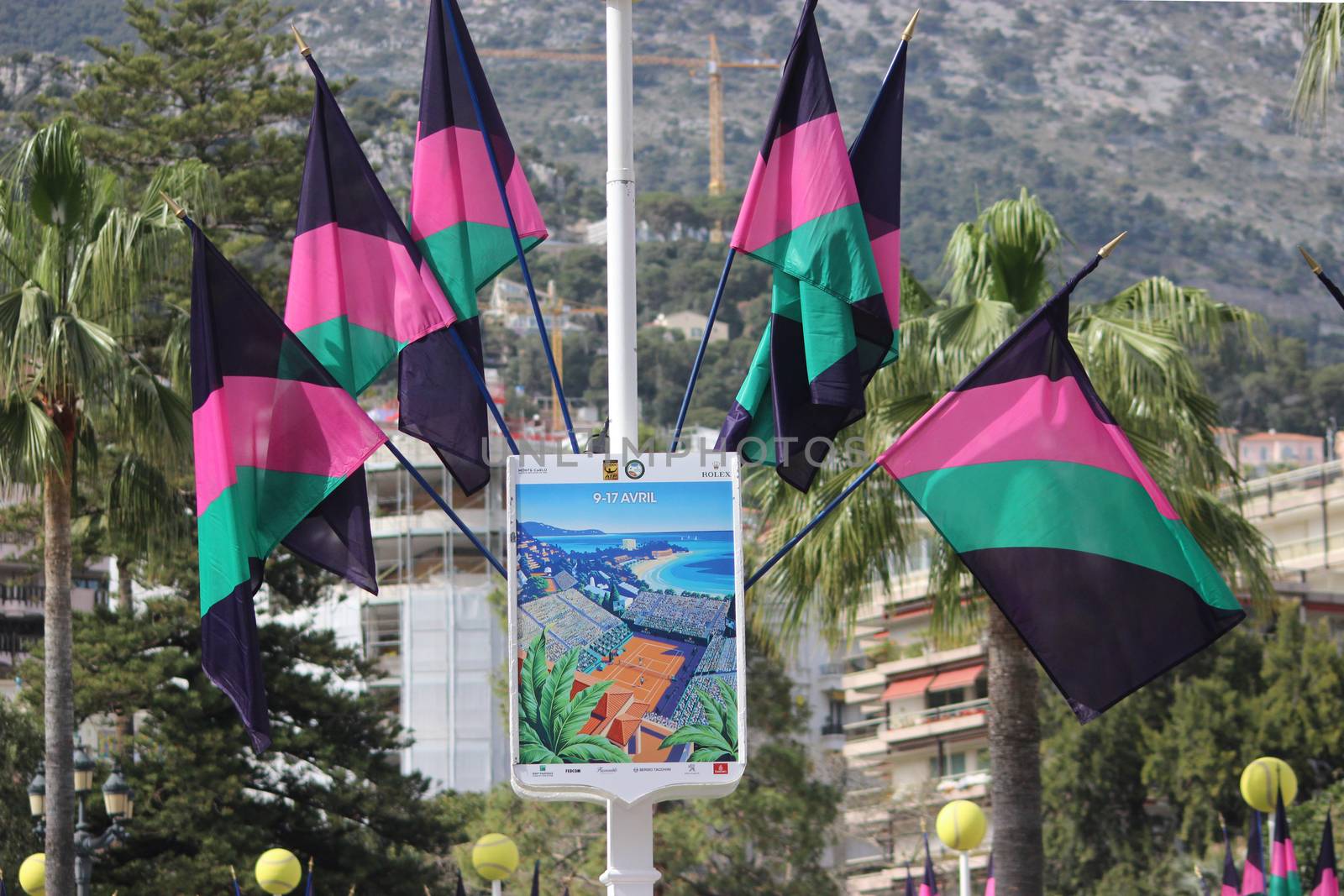 Monte-Carlo, Monaco - April 6, 2016: Poster and Flags for the Monte-Carlo Rolex Masters 2016 in Monte Carlo, Monaco
