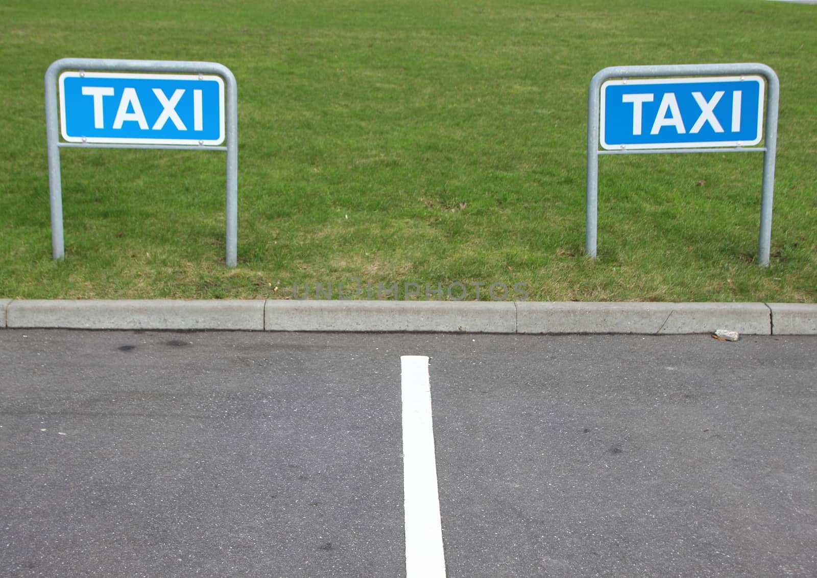 Two Metal Taxi Signs at Empty Parking Place with Green Background