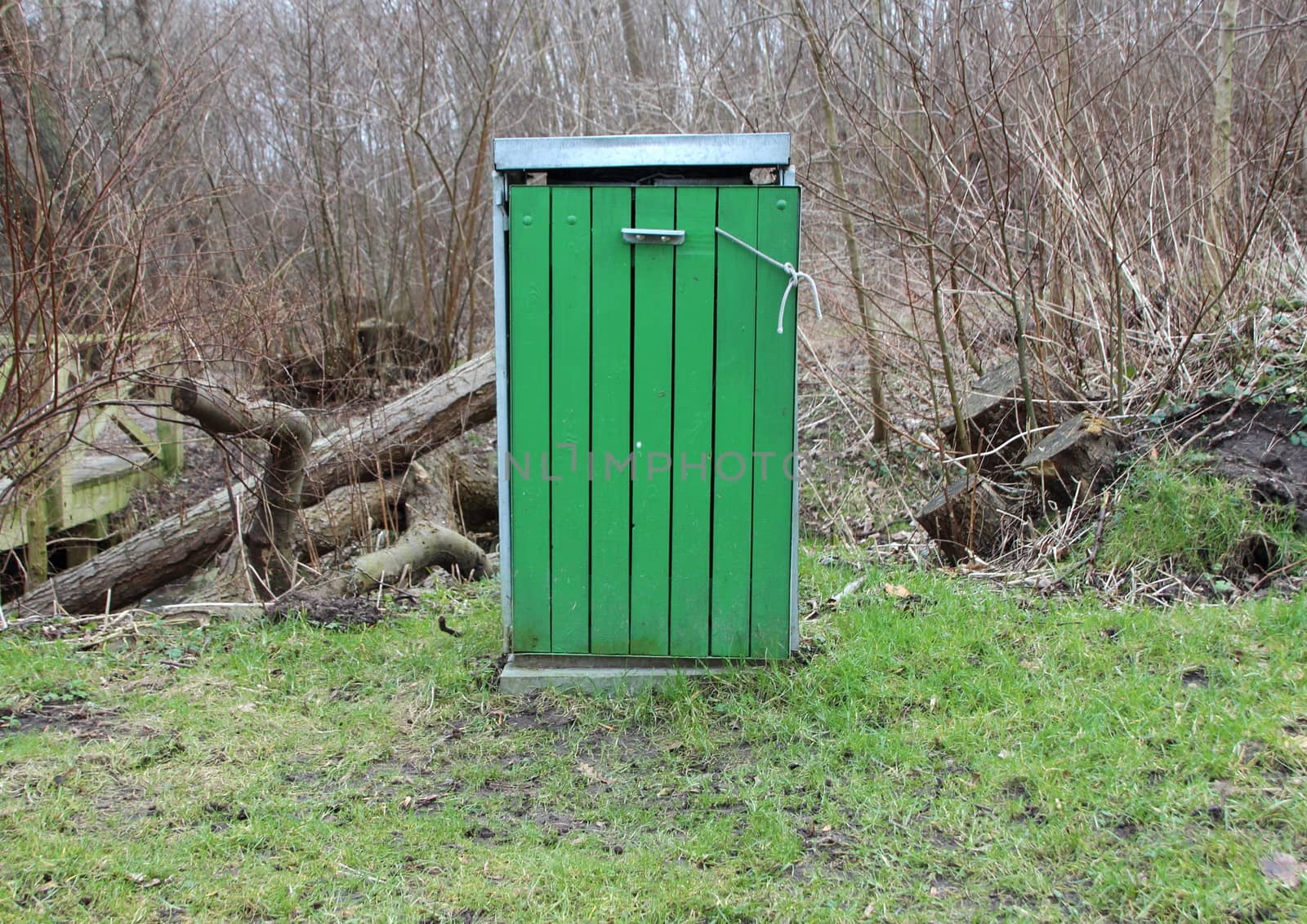 Wooden Green Isolated Garbage Bin in Forest with Metal Lid