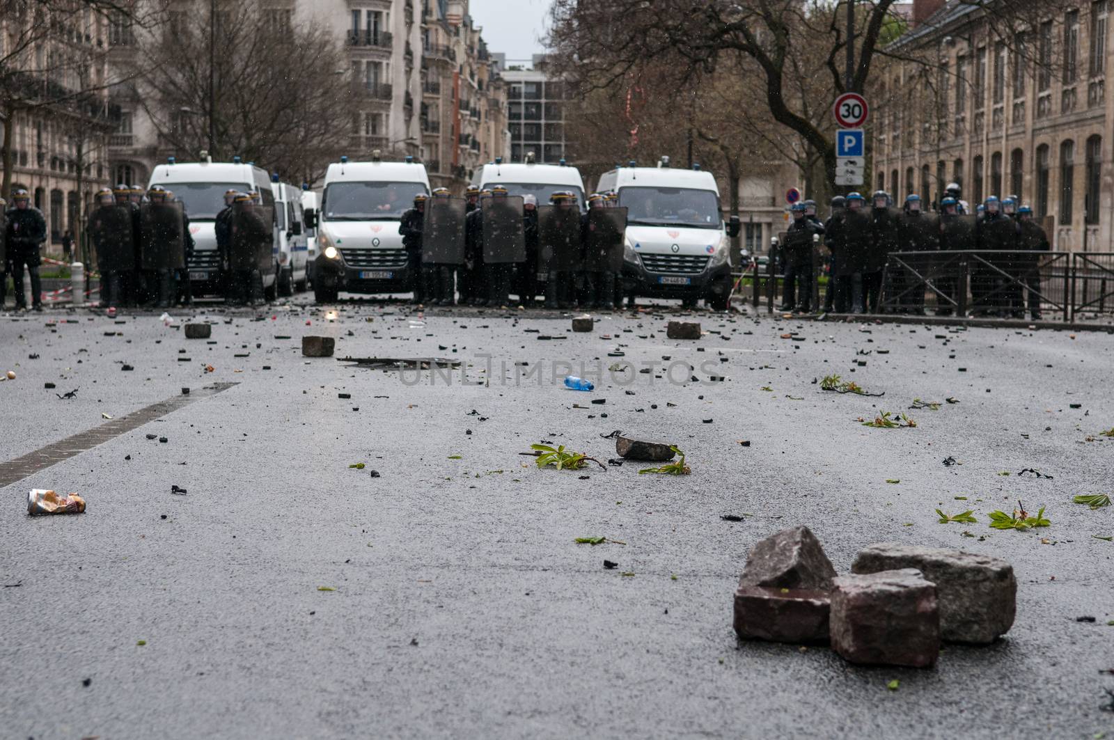 FRANCE, Paris: Stones are pictured on the ground after clashes during a demonstration against labour reform in Paris on April 9, 2016.