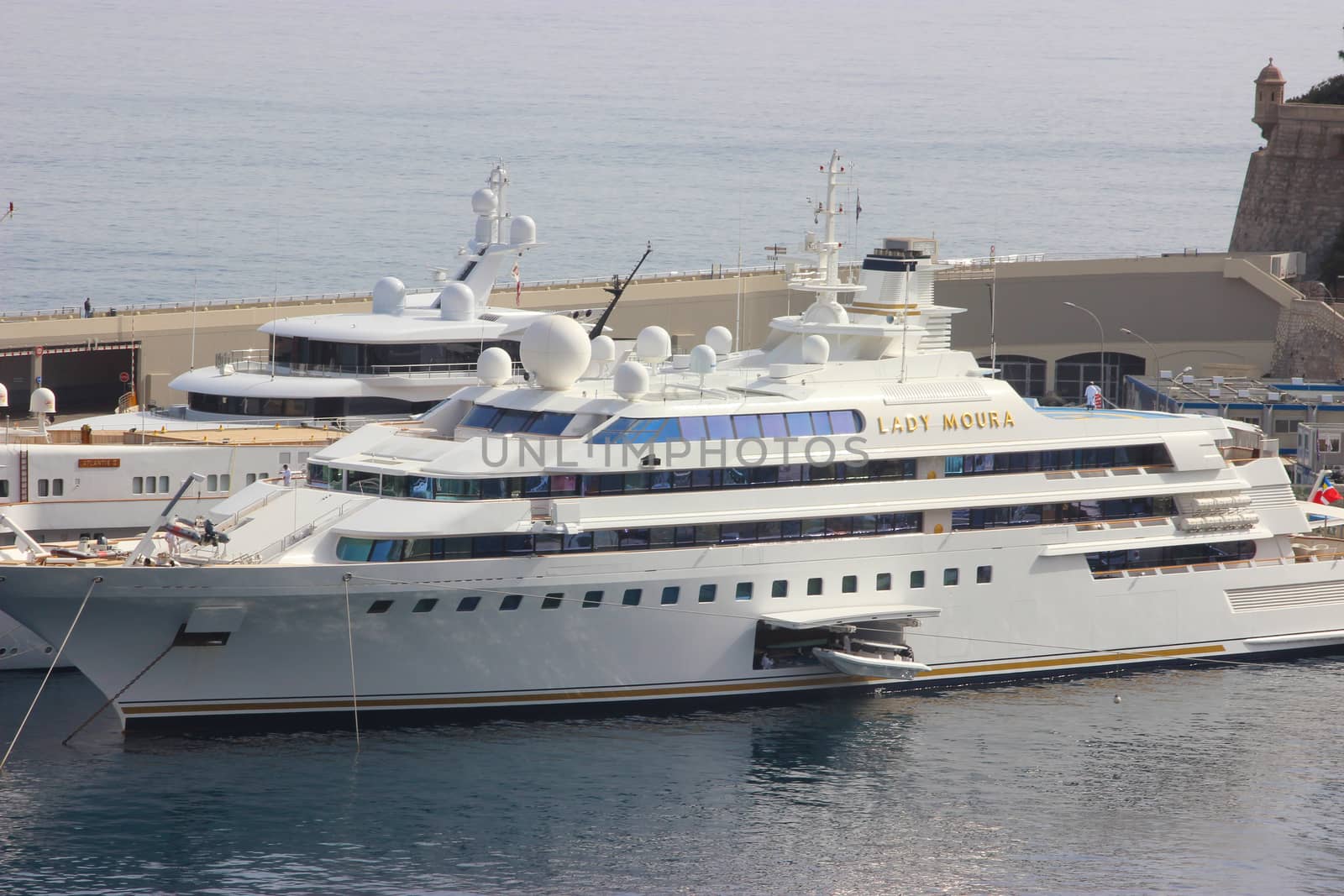 Monte-Carlo, Monaco - April 6, 2016: Luxury Yacht in the Port Hercule of Monaco. Lady Moura is a Private Luxury Yacht. The Owner is a Wealthy Saudi Arabian Businessman, Nasser Al-Rashid
