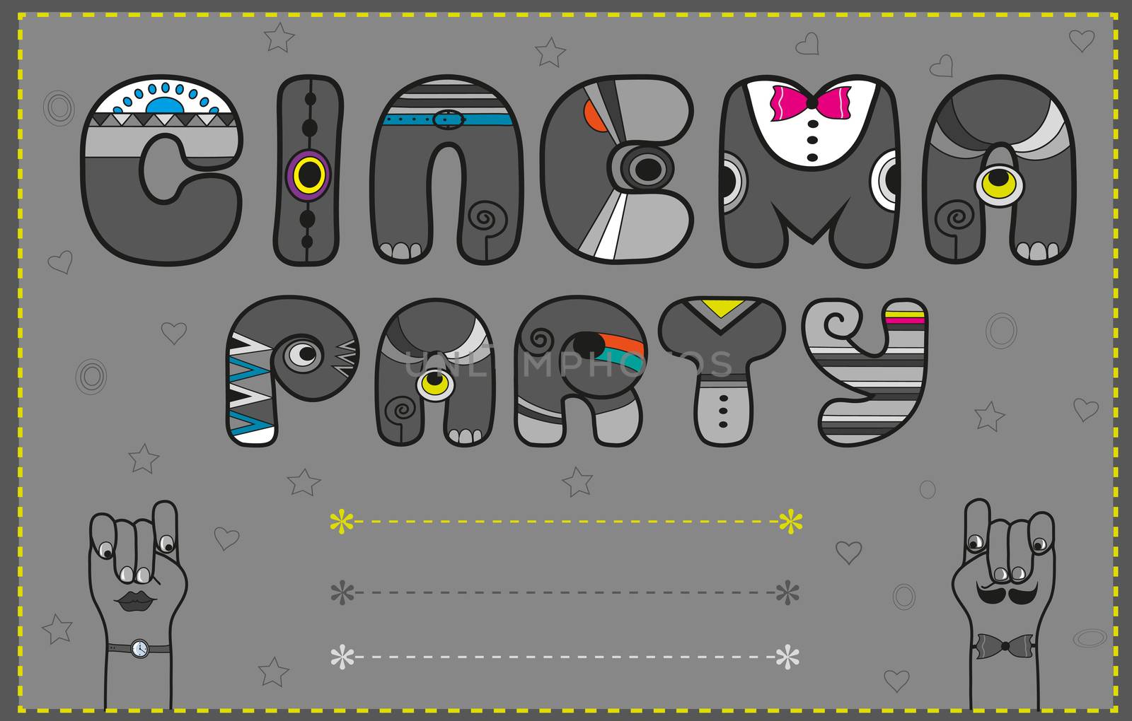 Inscription Cinema Party. Funny gray Letters. Retro vintage style
