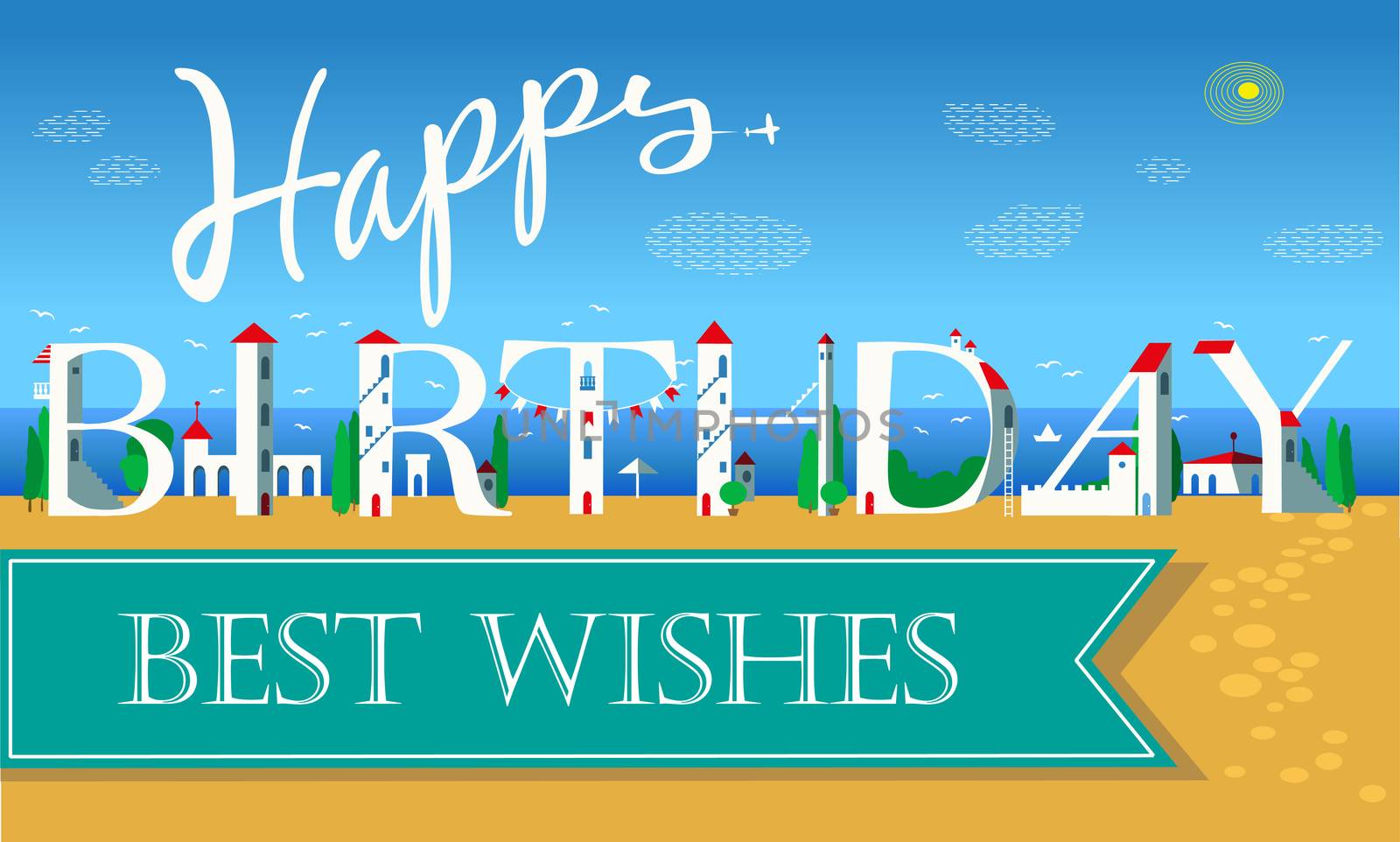 Happy Birthday Inscription. Best wishes. Cute white houses on the beach. Illustration