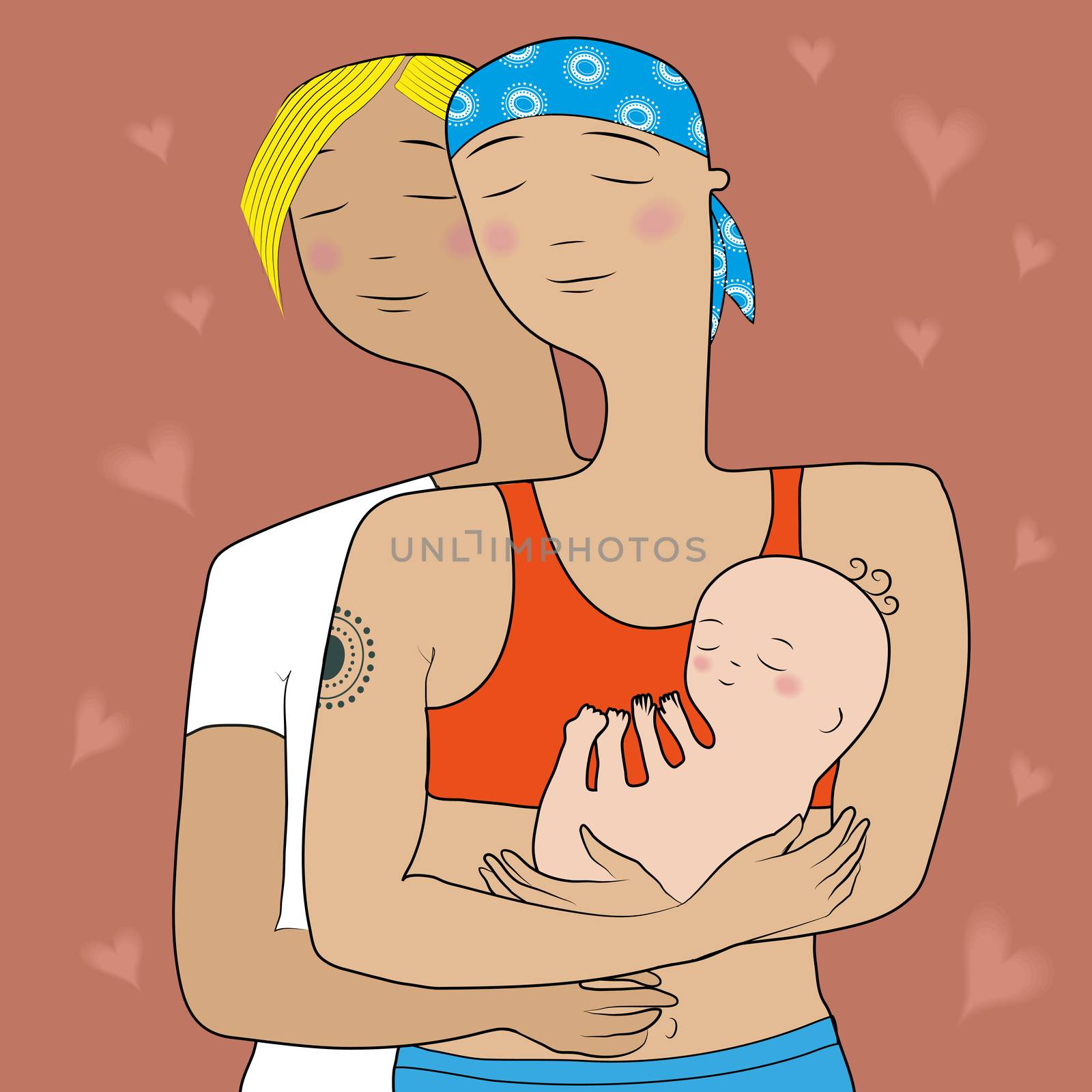 Two happy moms. Gay family. Illustration