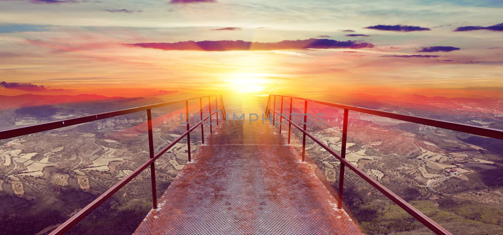 Abstract background,sunset and Gateway or small bridge.Travel concept