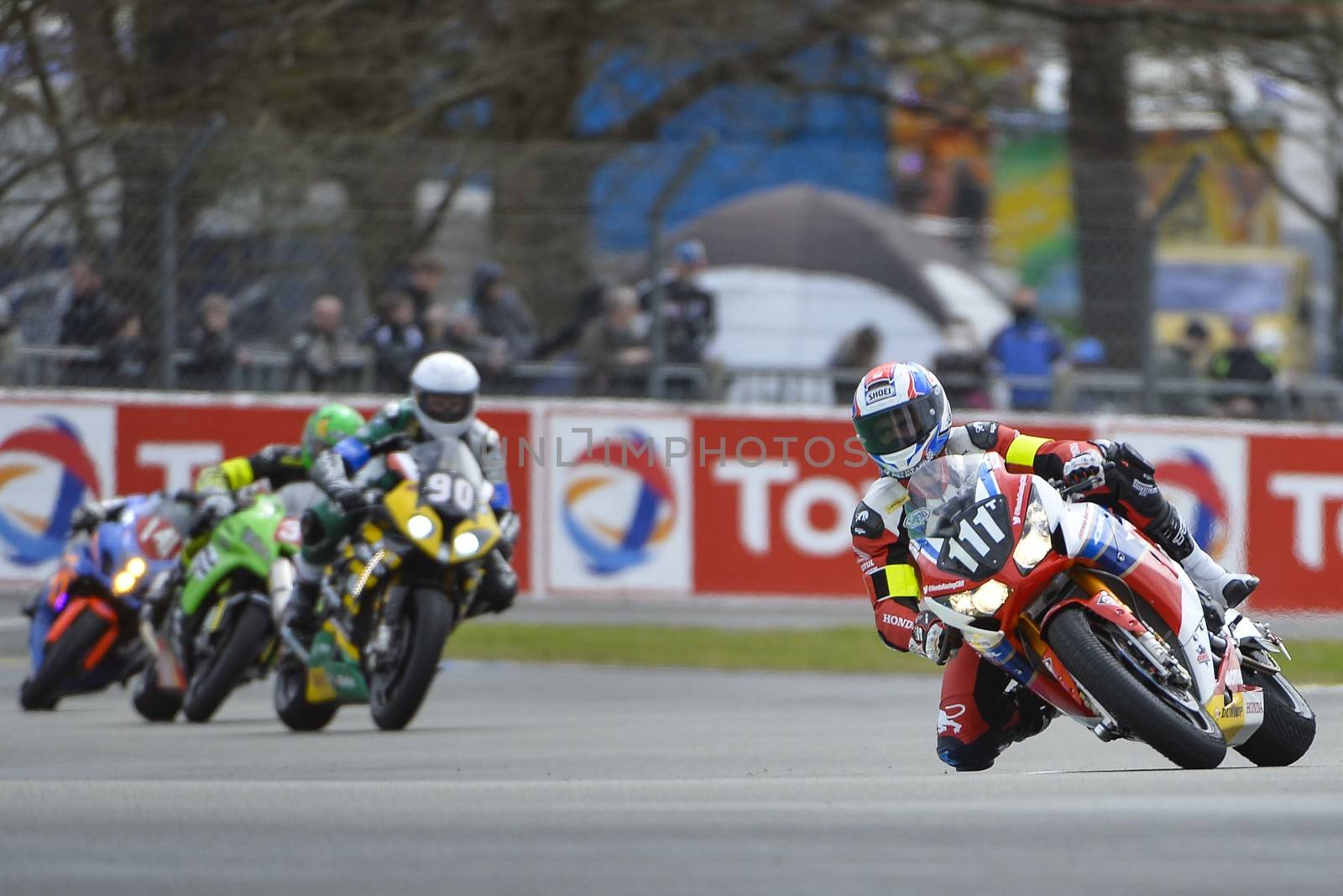 FRANCE, Le Mans: British 111 Honda Racing team pilot (R) is pictured Le Mans 24 Hours moto endurance race at Bugatti track in Le Mans, France, on April 9, 2016.