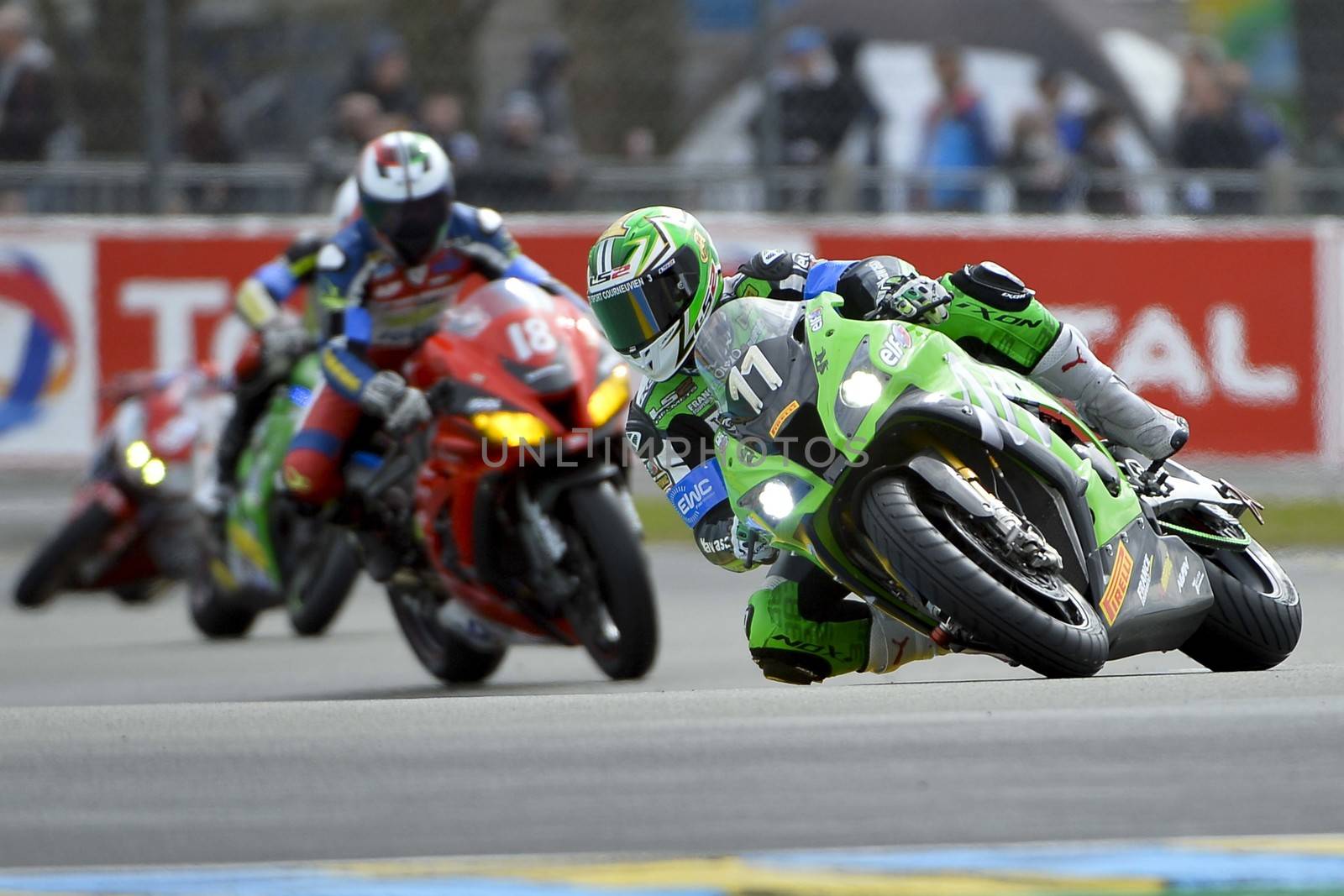 FRANCE, Le Mans: French rider Gregory Leblanc on Kawasaki ZX10R Formula EWC N°11 is pictured during the 39th edition of le Mans 24 hours moto endurance race on April 10, 2014 in Le Mans, western France. French team Leblanc-Lagrive-Foret on Kawasaki N.11 won the race.