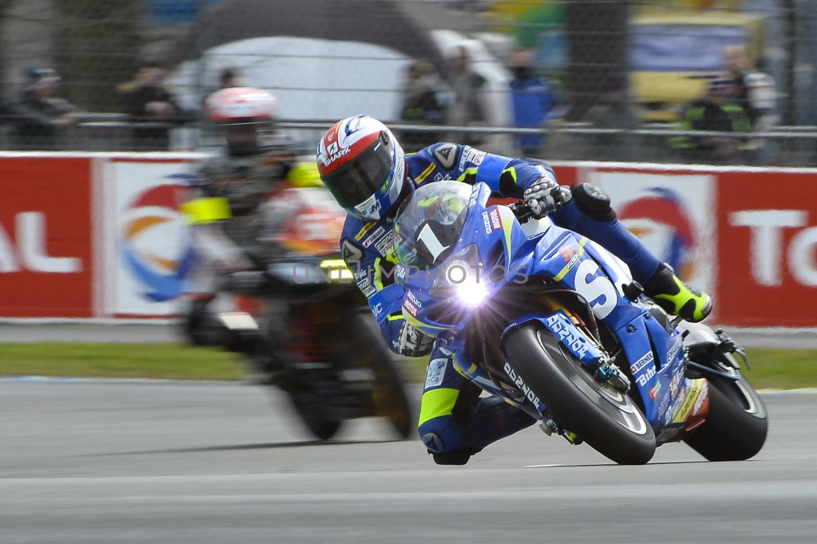 FRANCE, Le Mans: French team 01 Suzuki Endurance Racing pilot is pictured during Le Mans 24 Hours moto endurance race at Bugatti track in Le Mans, France, on April 9, 2016.