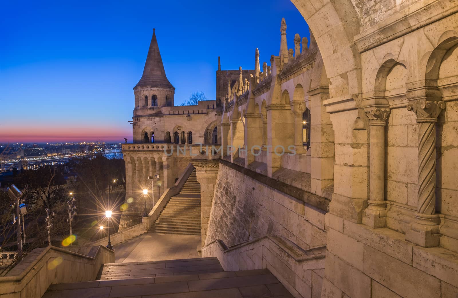 North Gate of Fisherman's Bastion in Budapest, Hungary Illuminated at Dawn