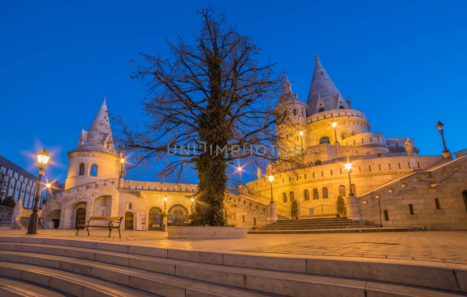 Fisherman's Bastion in Budapest, Hungary Illuminated at Night and Clear Blue Sky