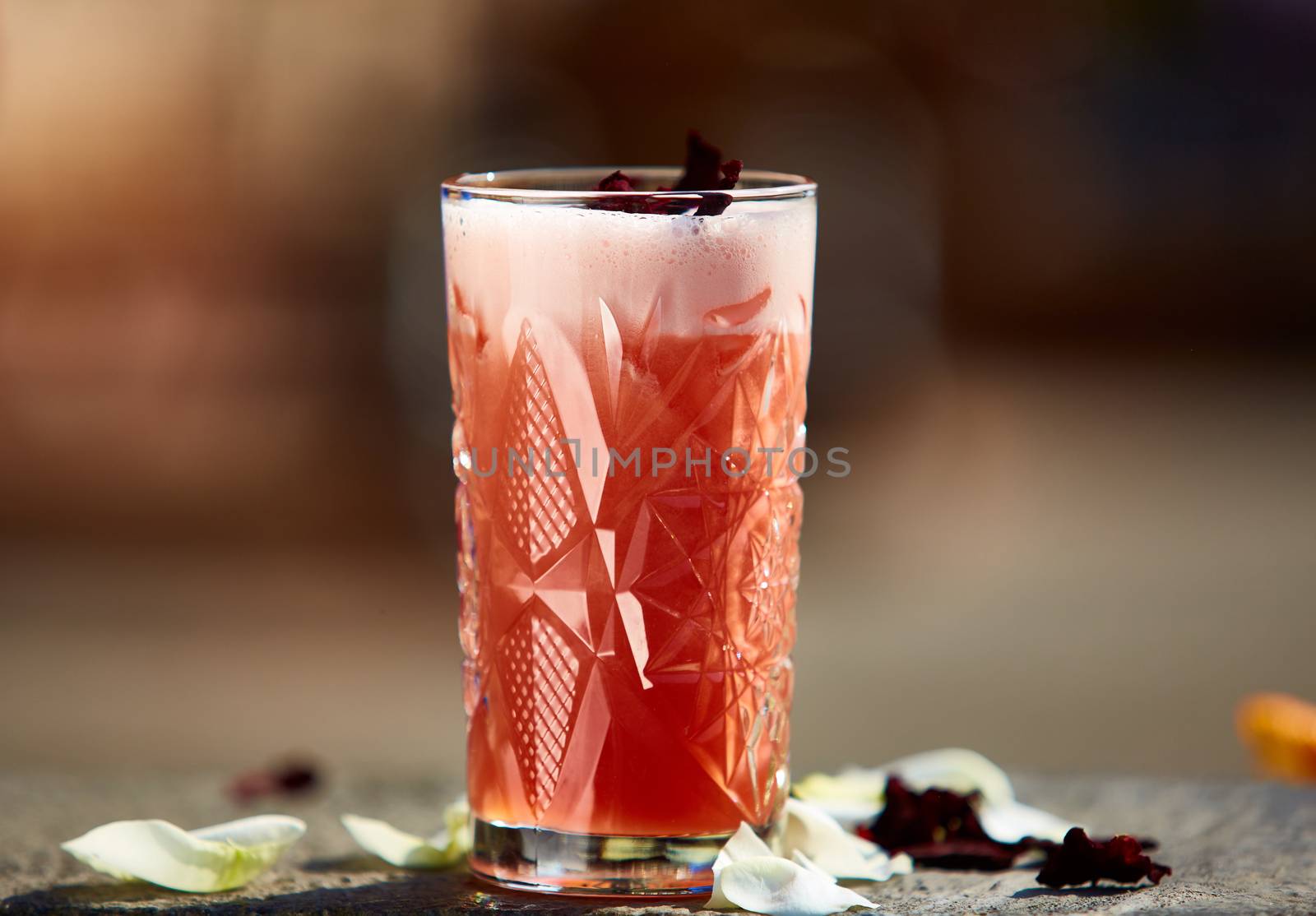 Singapore Sling in the sunlight with rose petals. Shallow dof