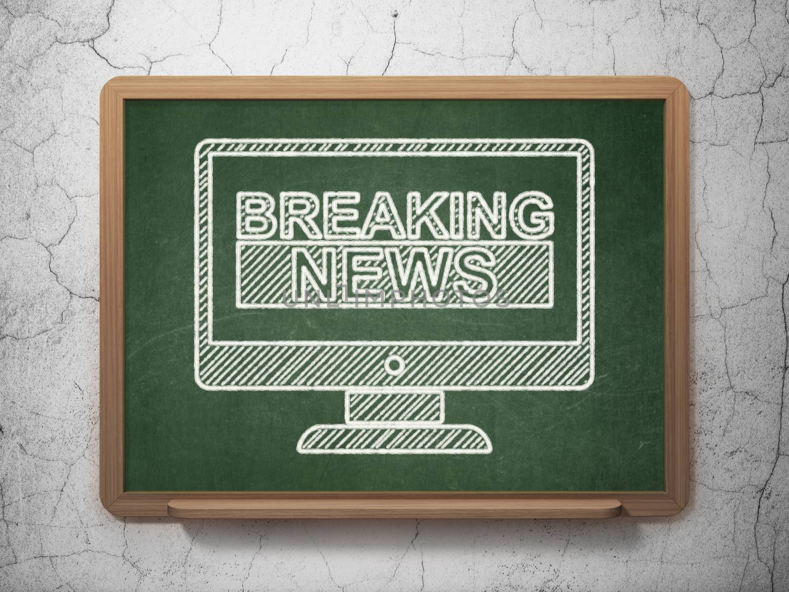 News concept: Breaking News On Screen icon on Green chalkboard on grunge wall background, 3D rendering