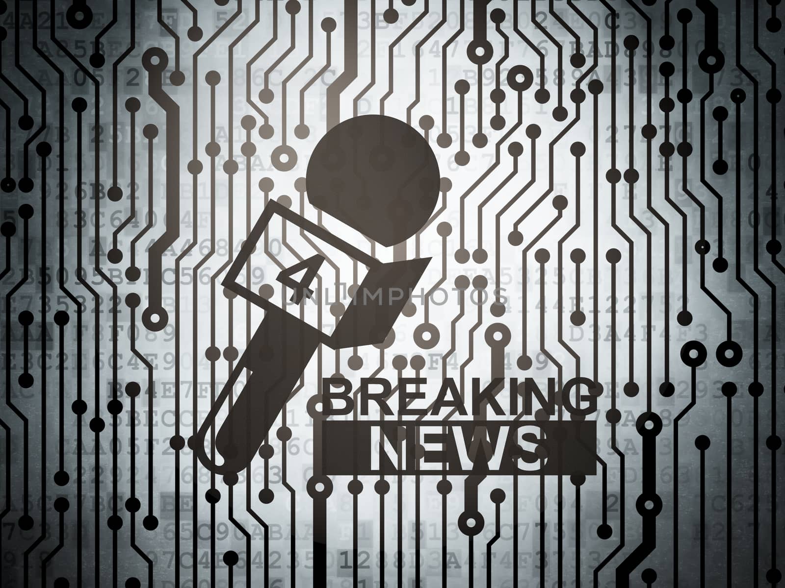 News concept: circuit board with  Breaking News And Microphone icon, 3D rendering