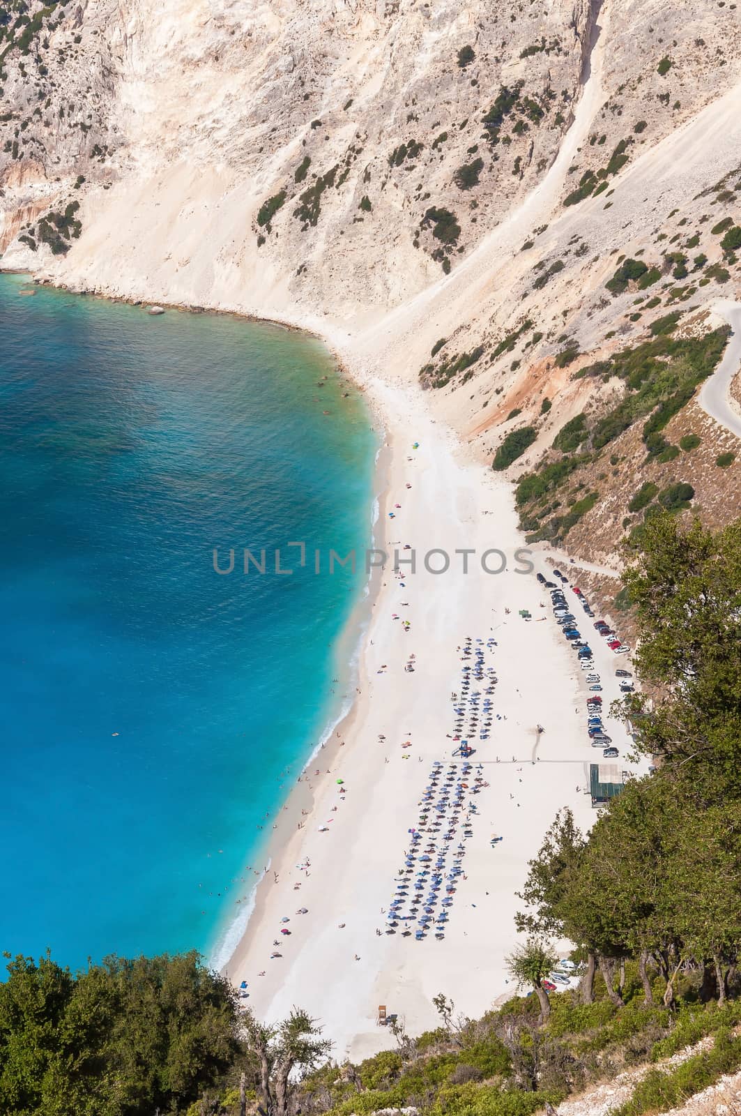 Aerial view of Myrtos beach on Kefalonia island, Greece