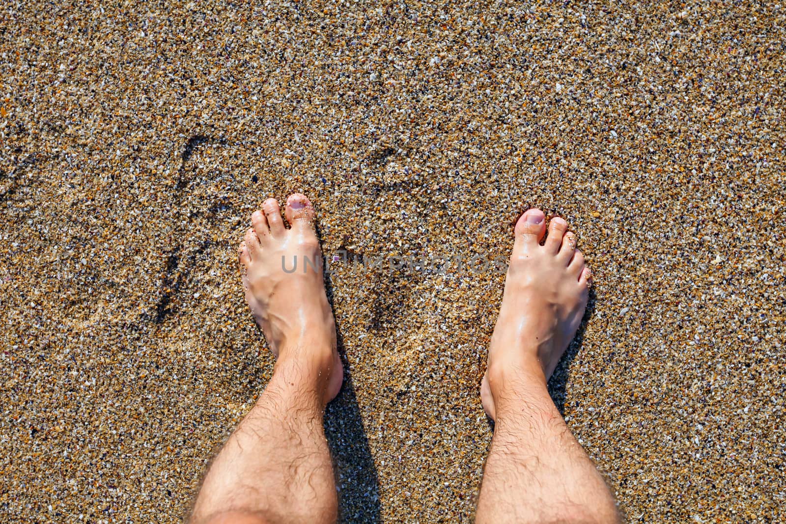 Male bare feet standing on the wet sandy beach