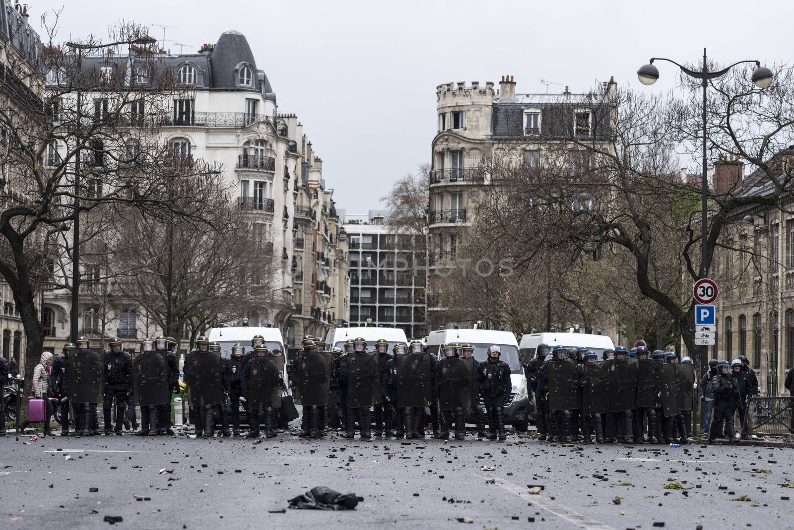 FRANCE, Paris: Stones are pictured on the ground after clashes during a demonstration against labour reform in Paris on April 9, 2016. 