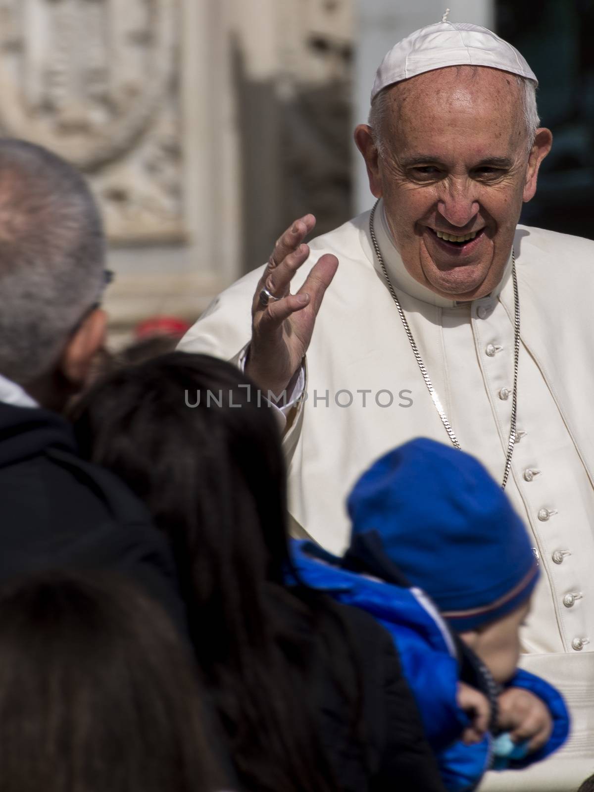 Vatican, Vatican city: Pope Francis waves at pilgrims as he held a Jubilee audience for 50 000 pilgrims on St.Peter's Square in Vatican on April 9, 2016 and spoke of mercy and its relationship with alms giving.