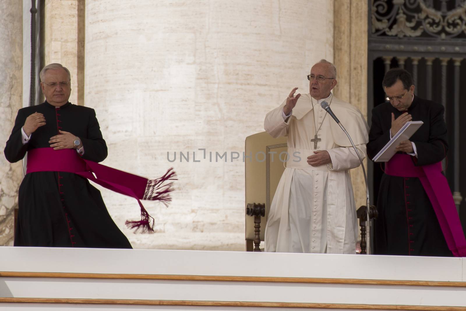 Vatican, Vatican city: Pope Francis gives a sermon as he held a Jubilee audience for 50 000 pilgrims on St.Peter's Square in Vatican on April 9, 2016 and spoke of mercy and its relationship with alms giving.