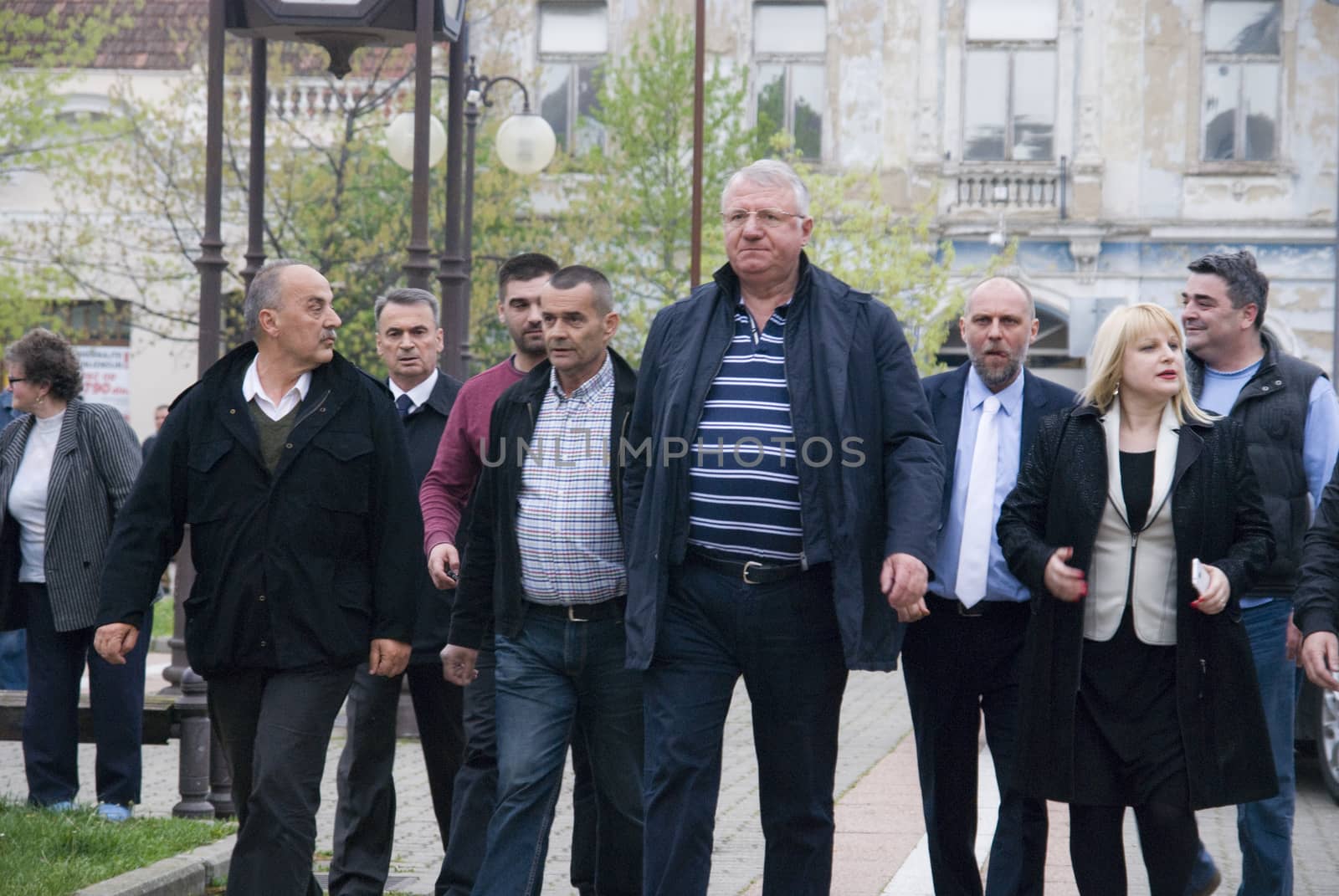 SERBIA, Vrsac: Former Serbian deputy PM Vojislav Seselj (C), who was trialed by the Hague Tribunal, is seen before a rally in Vrsac on April 10, 2016, as part of his election campaign in Serbia. Elections which will be held in two-week. Throughout the 2016 election campaign, Seselj has visited many small cities around Serbia, including Vrsac, where 500 people attended the public rally.At this rally, Seselj yet again praised the Chetniks and Russia, while he criticized NATO, the EU and Serbia's pro-western orientation, as well as the current and former authority.