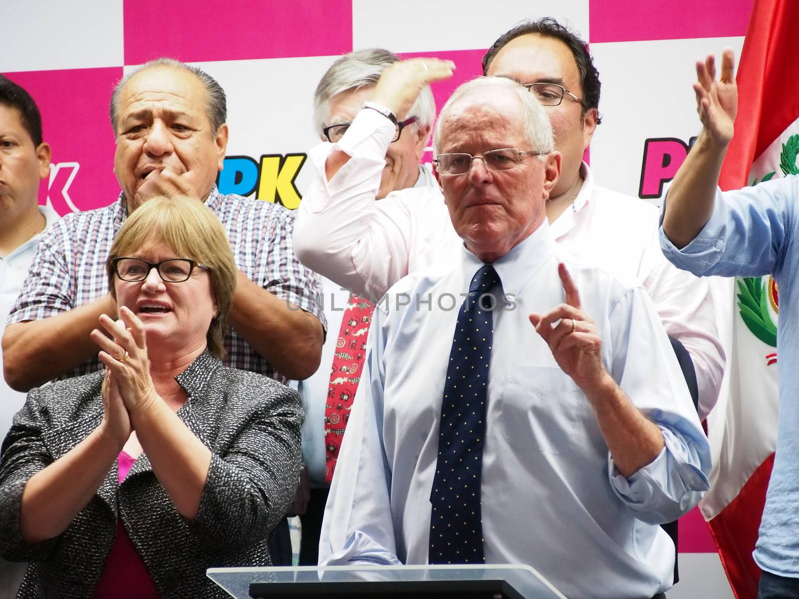 PERU, Lima: Peruvian presidential candidate for Peruanos por el Kambio (Peruvians for Change Party) and centre-right former World Bank economist Pedro Pablo Kuczynski meets with his supporters during a press conference as he was announced in the second place following the first round of Peru's Presidential Election, in Lima, Peru on April 10, 2016. The daughter of jailed former president Alberto Fujimori will face the veteran economist Pedro Pablo Kuczynski in the June run-off. 
