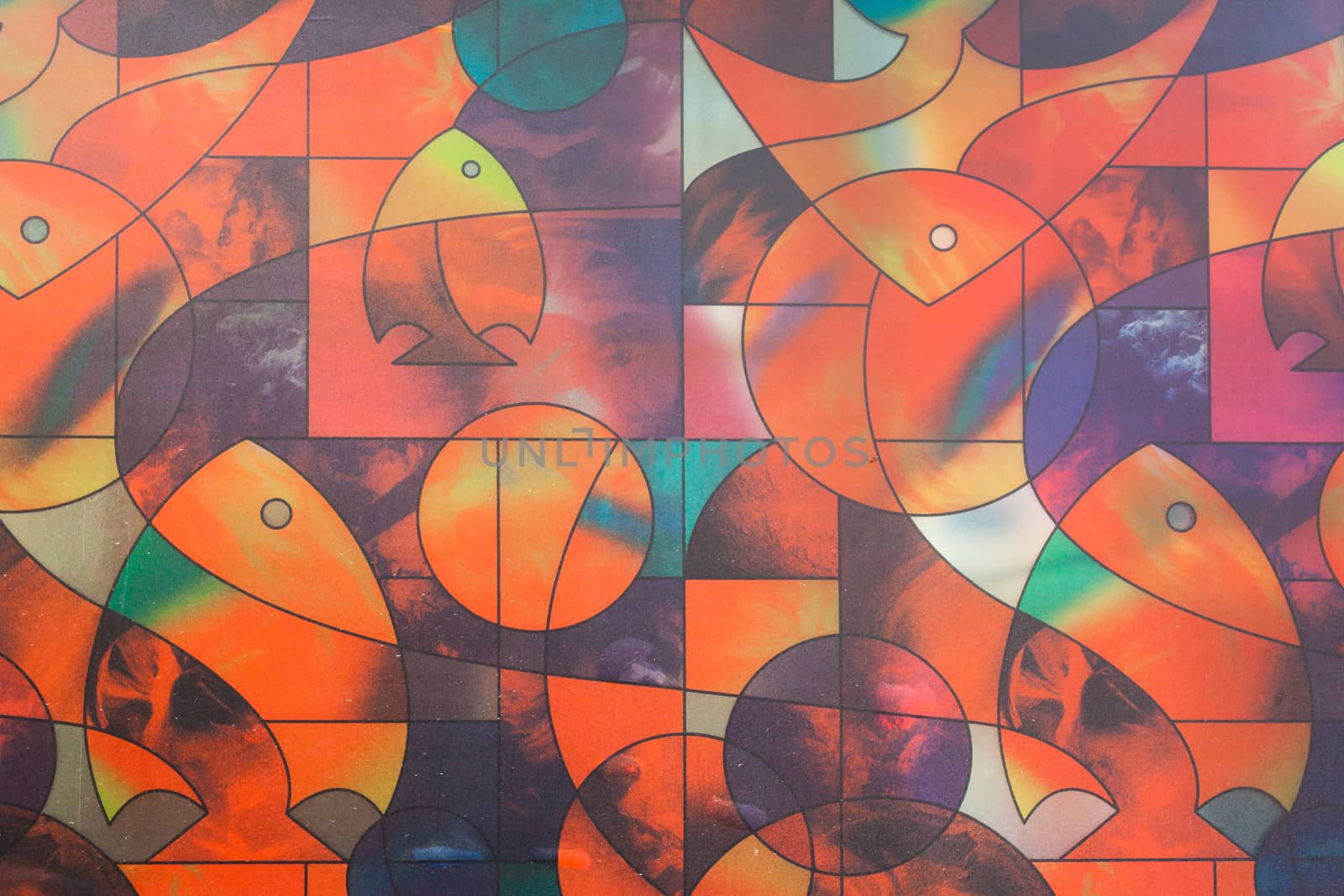 Multicolor of glass window polygonal and fish .