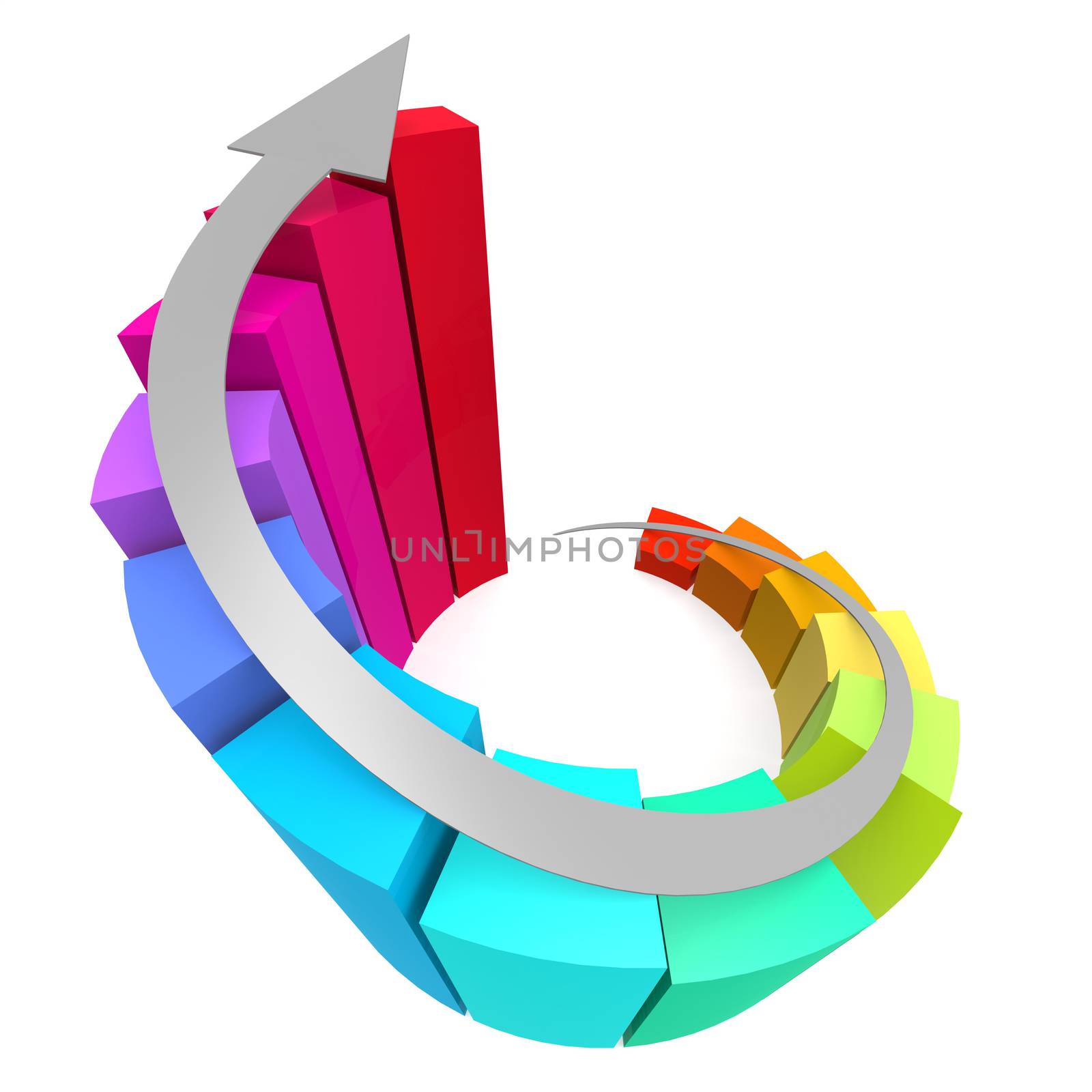Colorful winding bar chart with arrow image with hi-res rendered artwork that could be used for any graphic design.
