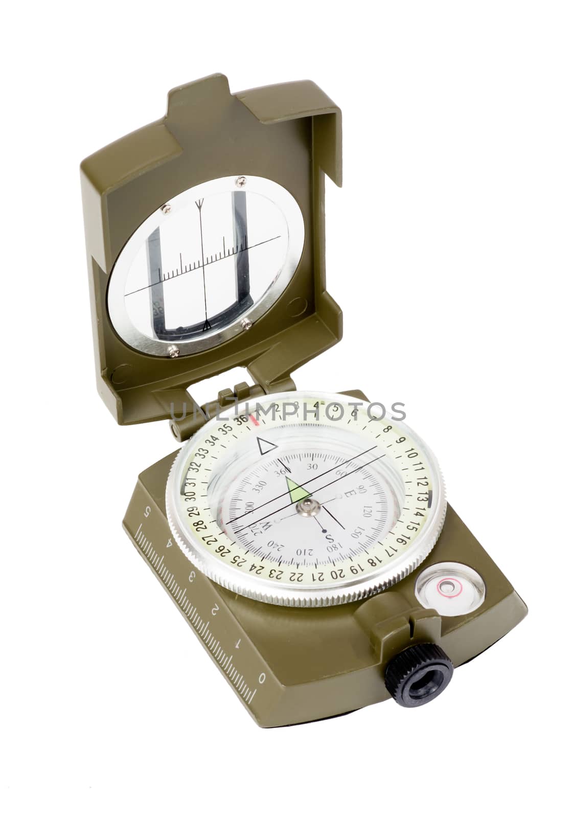 Vintage compass on isolated white background, closeup
