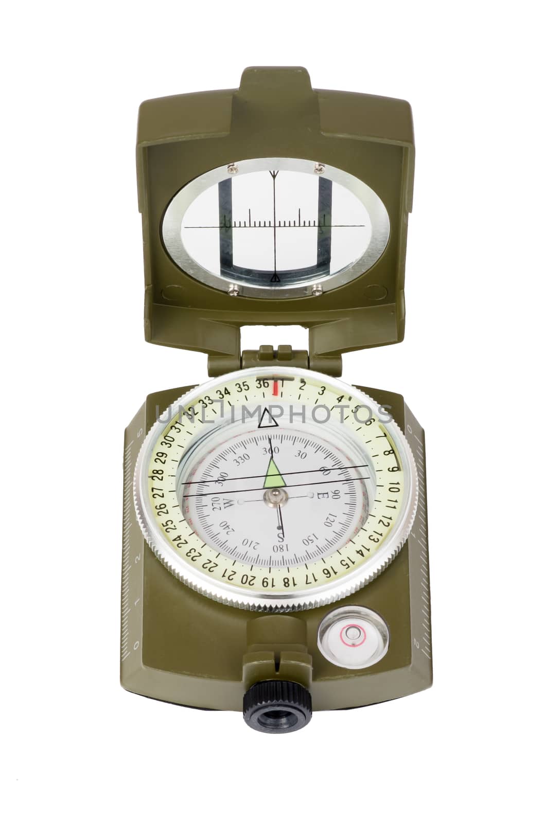Vintage brass compass on isolated white background, closeup