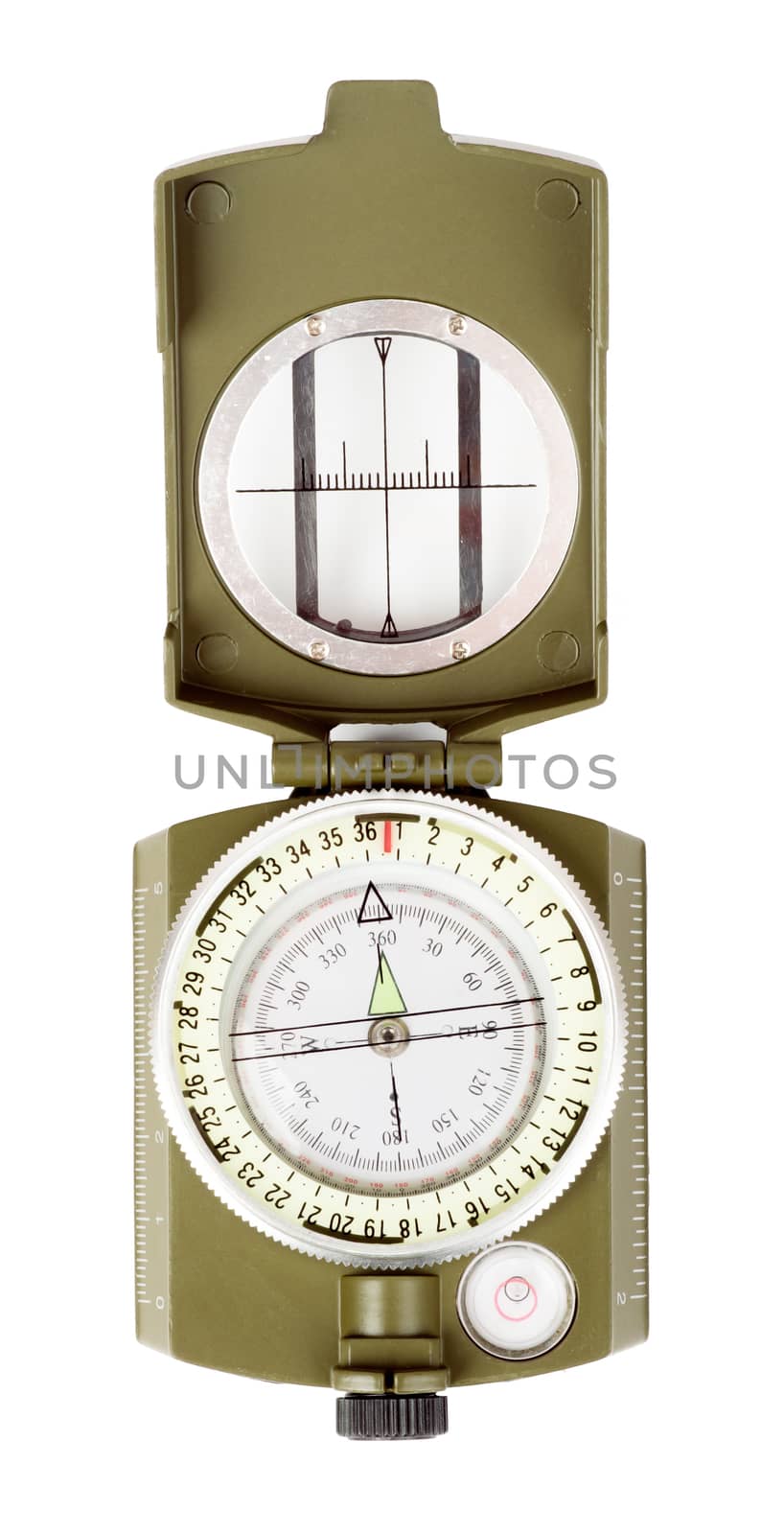 Vintage brass compass on isolated white background