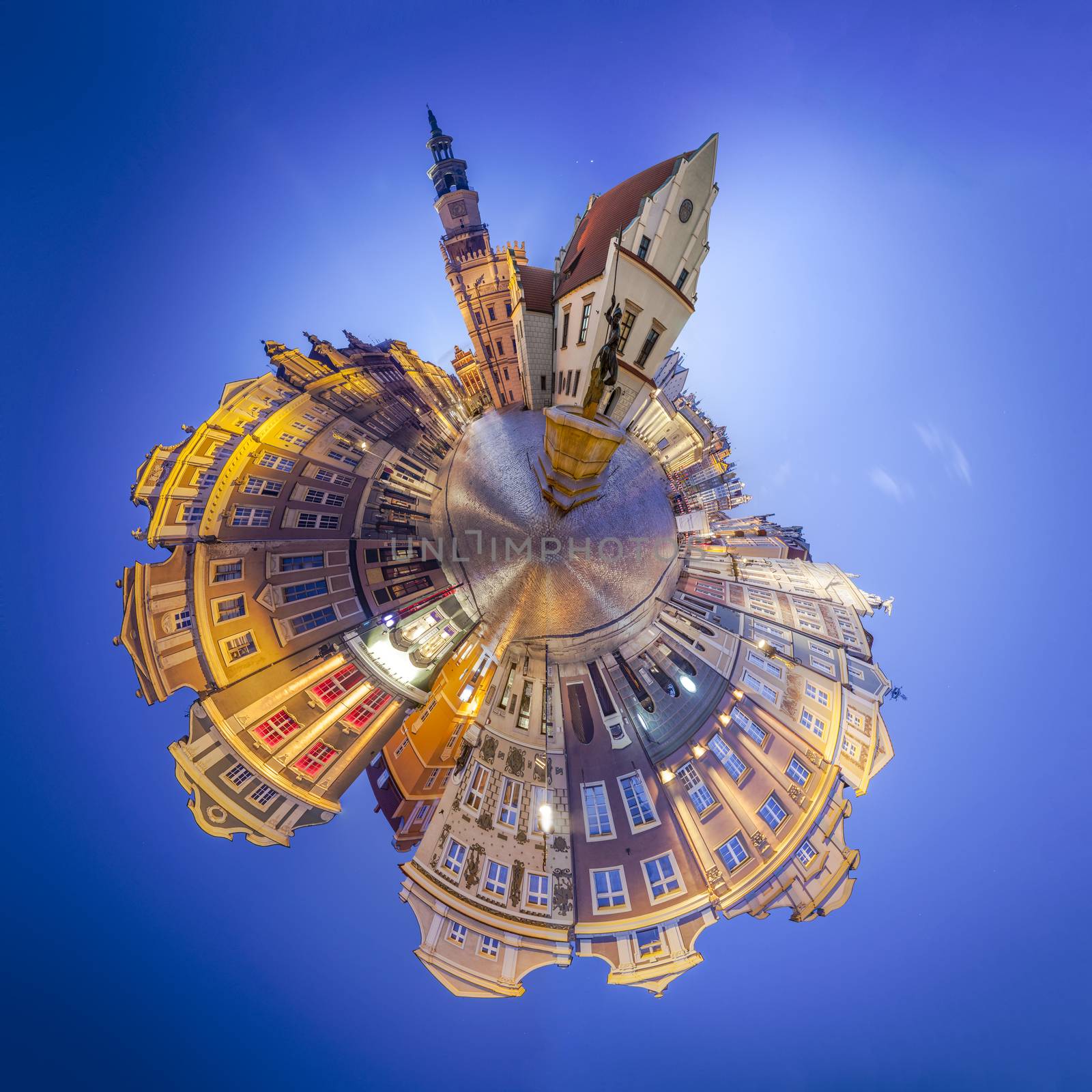 Night Skyline of Poznan Old Market Square in western Poland. Panoramic montage from 17 HDR images