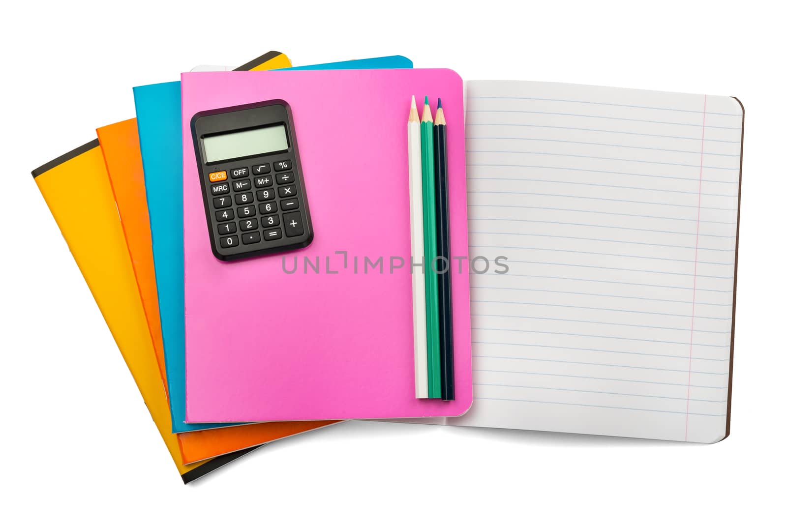 Open notebook with set of crayons and calculator by cherezoff