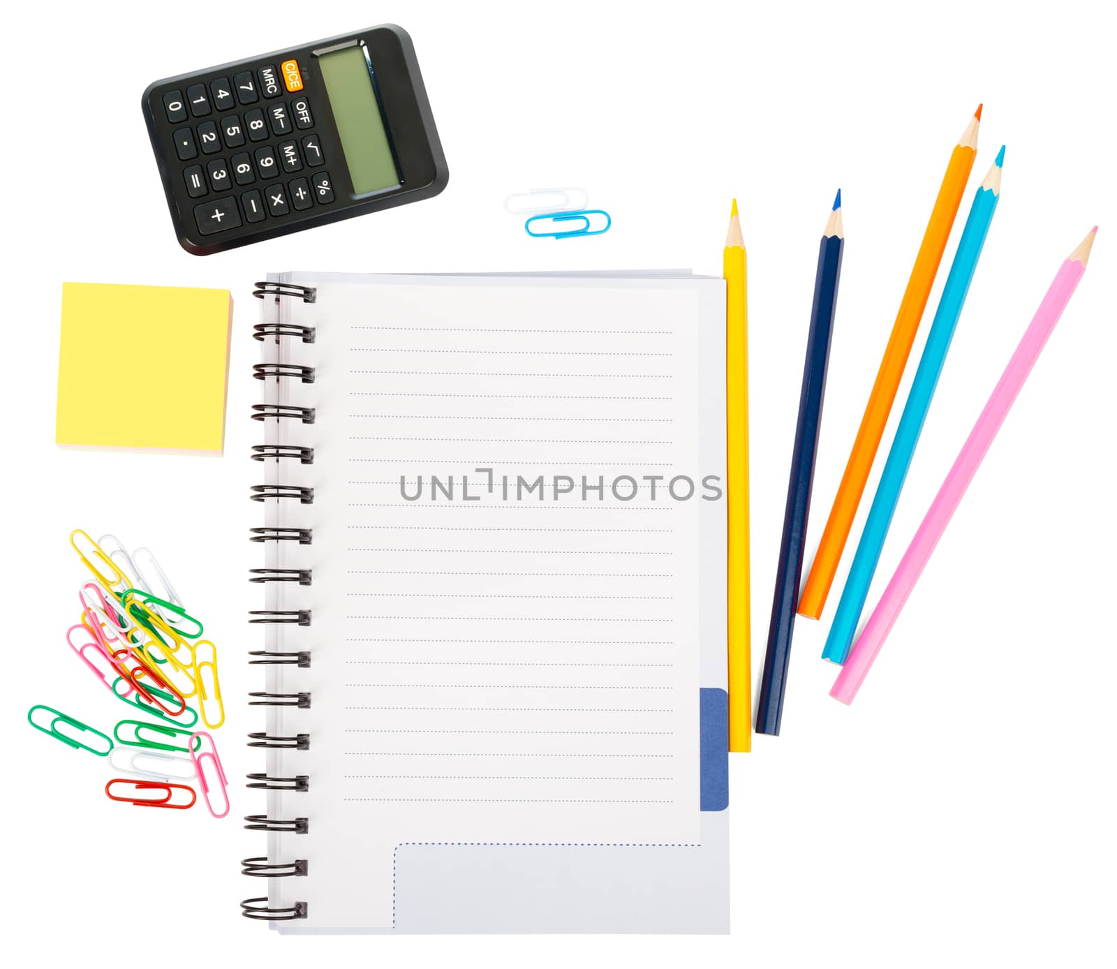 Open notebook with stationery and calculator by cherezoff