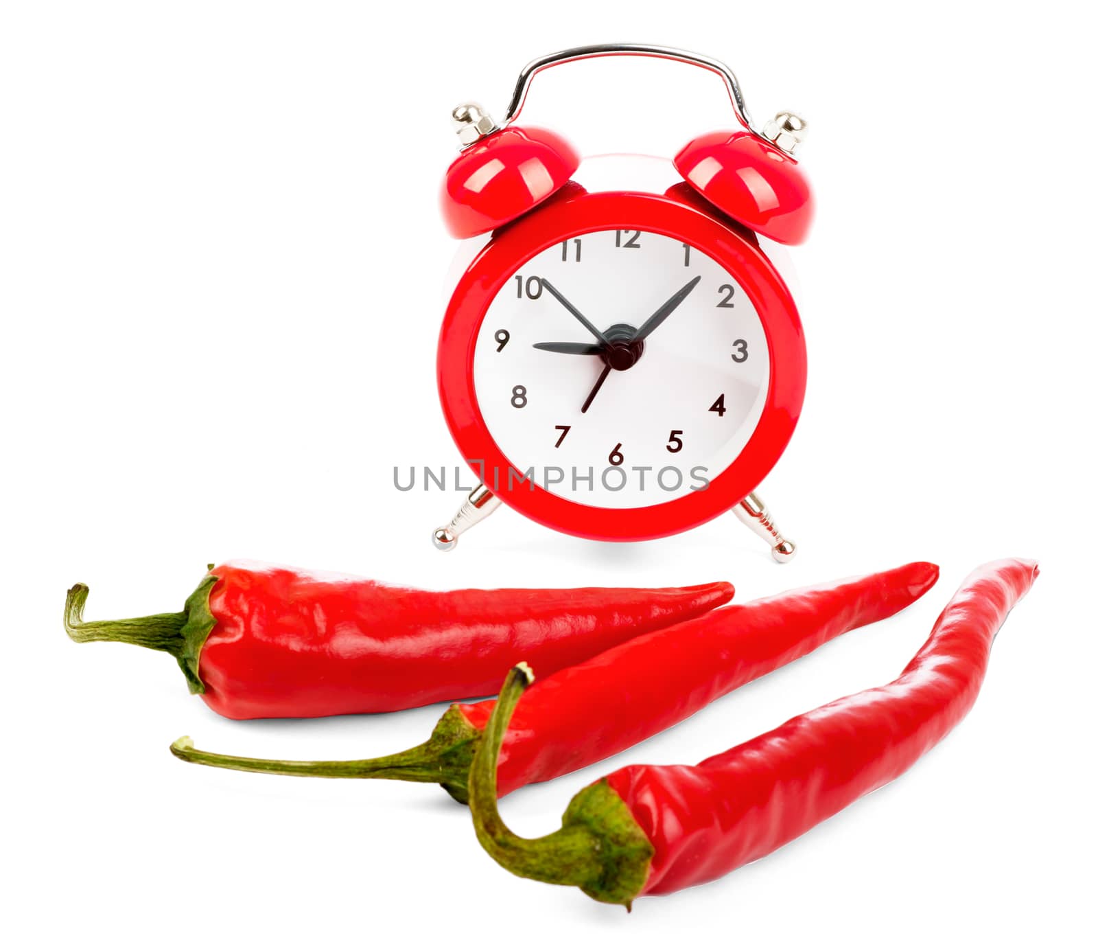 Red hot pepper with alarm clock on isolated white background, closeup