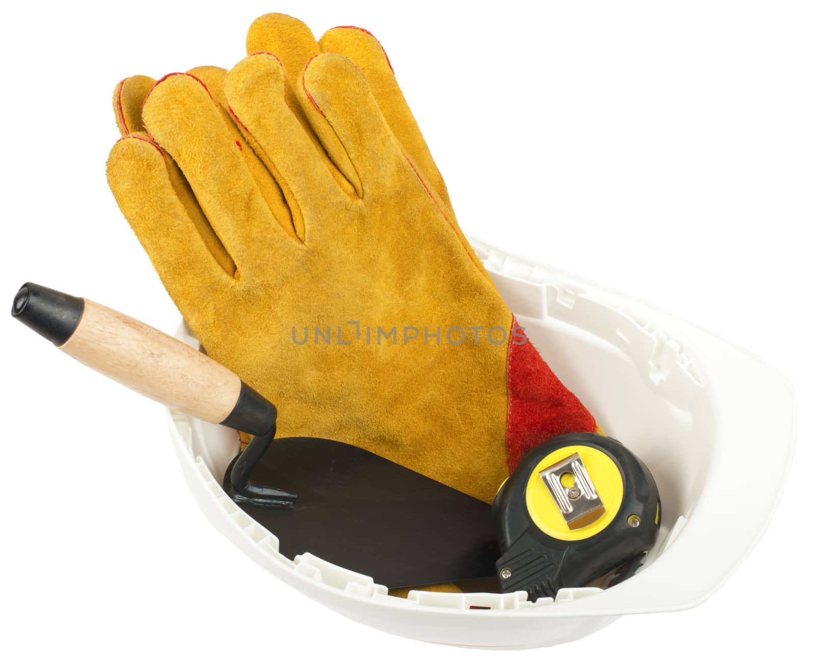 Construction worker supplies including hard hat and gloves on isolated white background