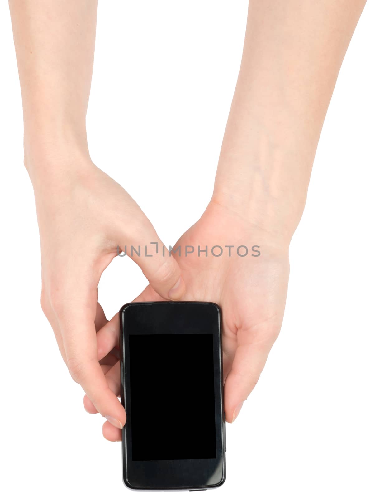 Female hands using smartphone on isolated white background, closeup