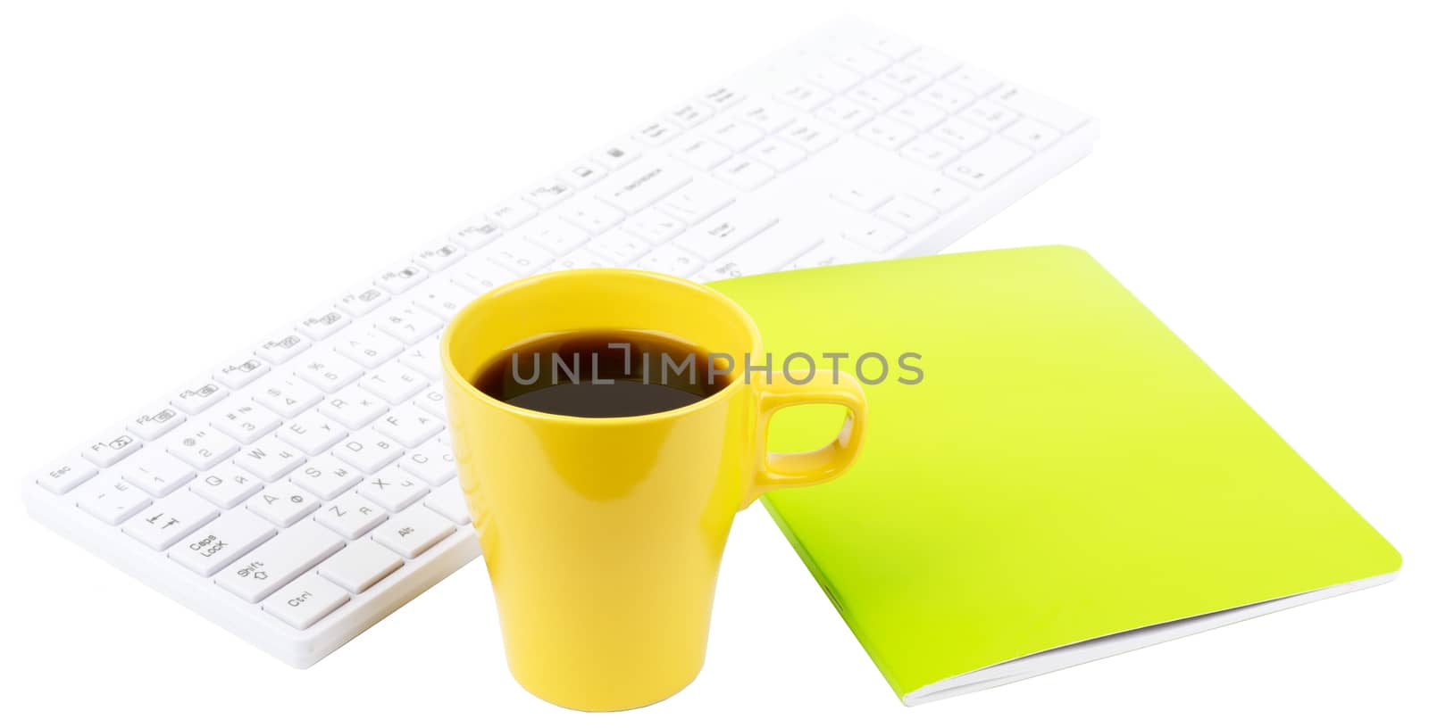 Keyboard with coffee and green notebook on isolated white background