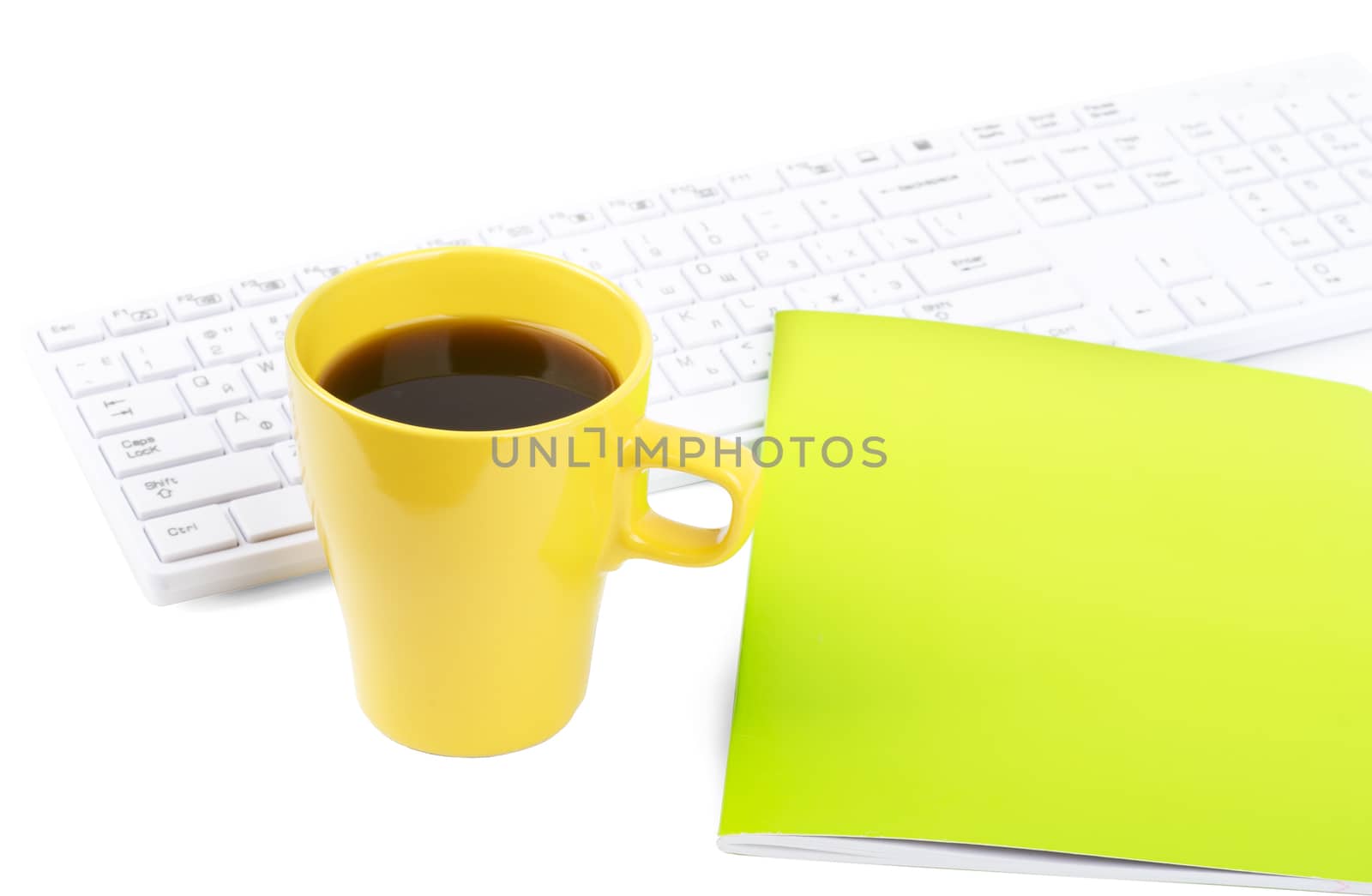 Keyboard with coffee and notebook by cherezoff