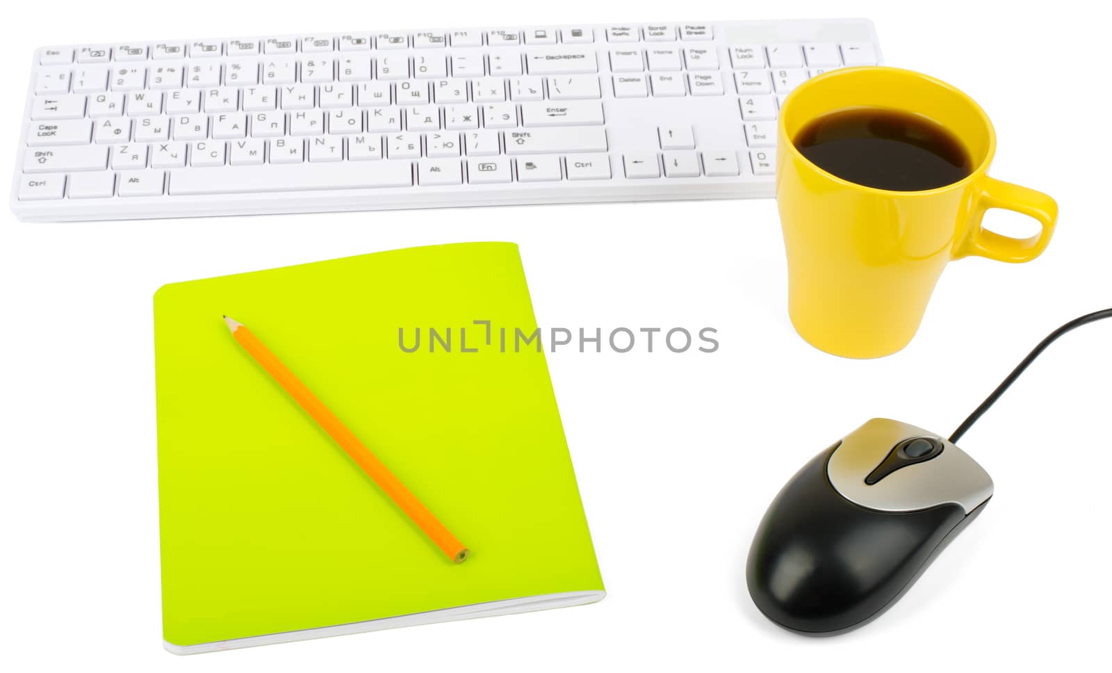 Cup of coffee with keyboard and mouse by cherezoff